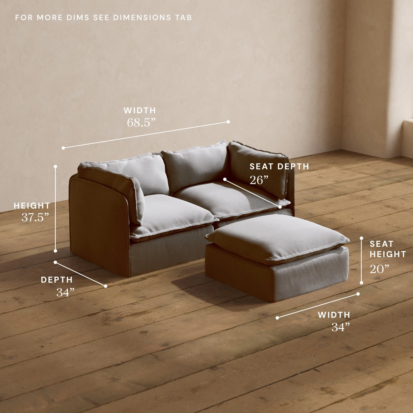 Modular Washable 2-Seater   Ottoman in Pumice | Deluxe  Seat | Cloud Pillow