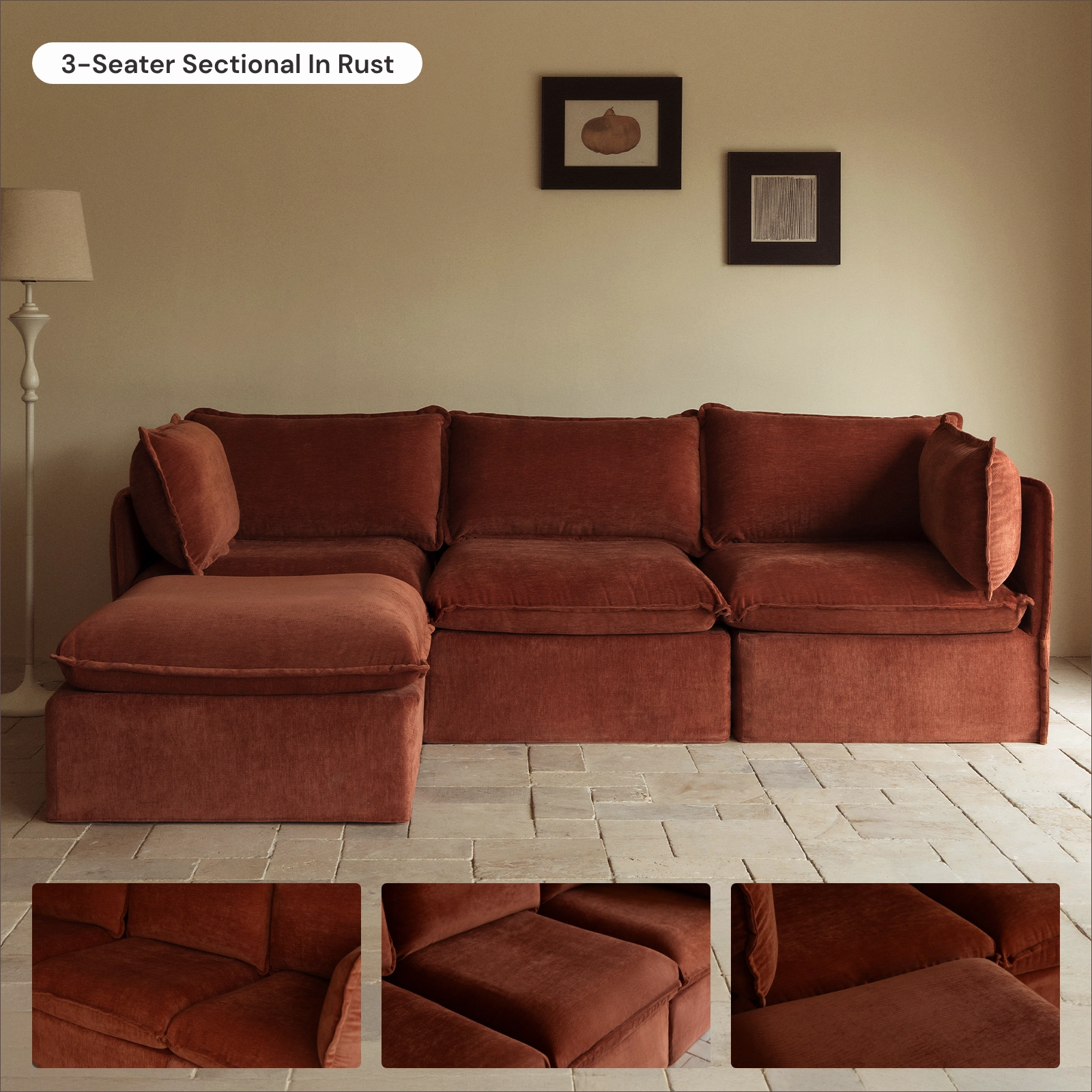 Modular Washable 2-Seater   Ottoman in Rust | Memorix  Seat | Contour Pillow