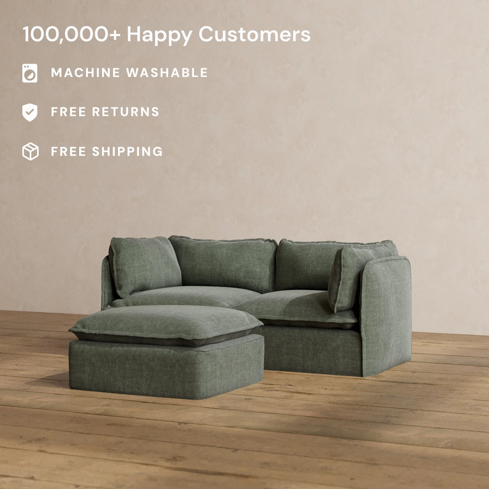 Modular Washable 2-Seater   Ottoman in Willow | Deluxe  Seat | Cloud Pillow