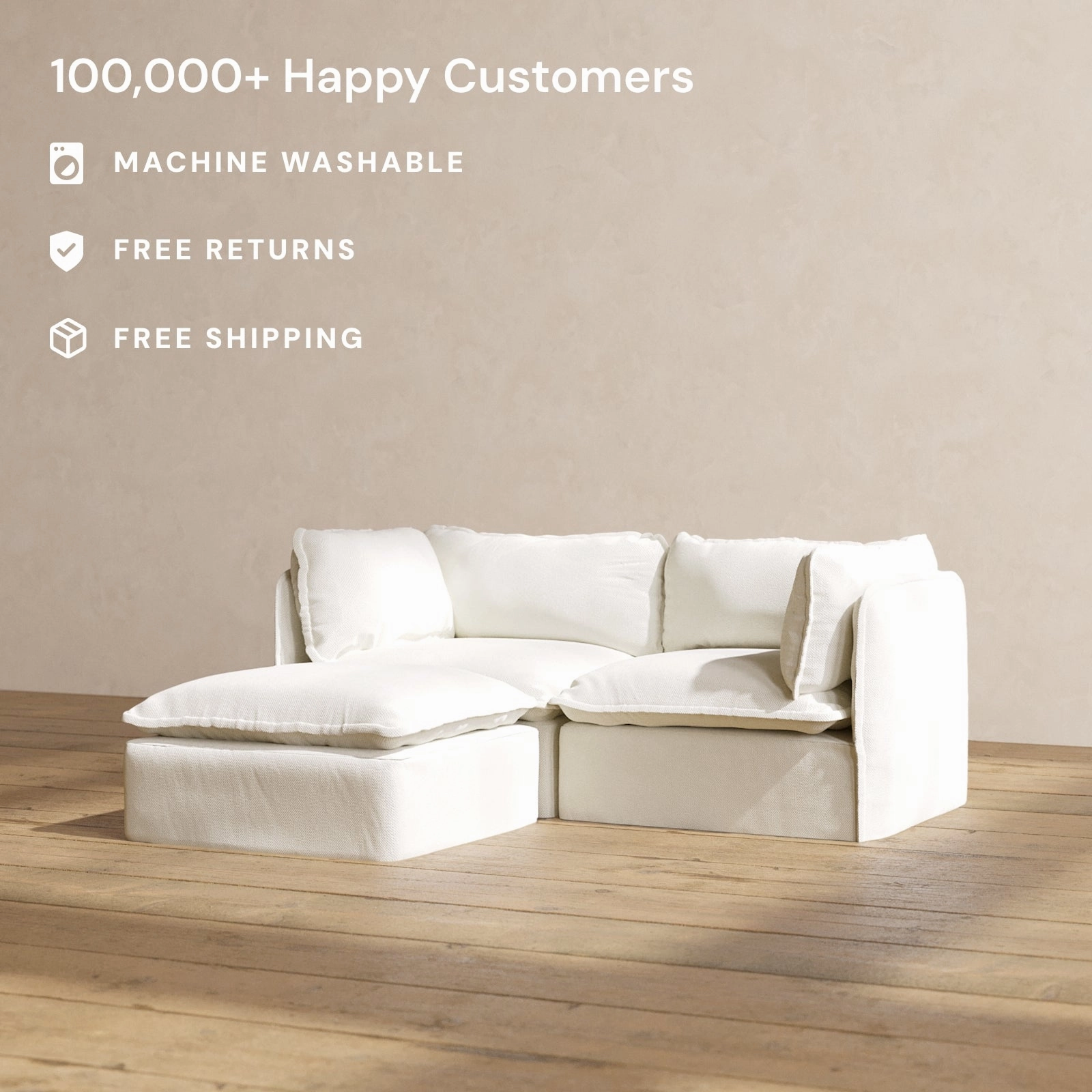 Modular Washable 2-Seater Sectional in Eggshell | Deluxe  Seat | Cloud Pillow