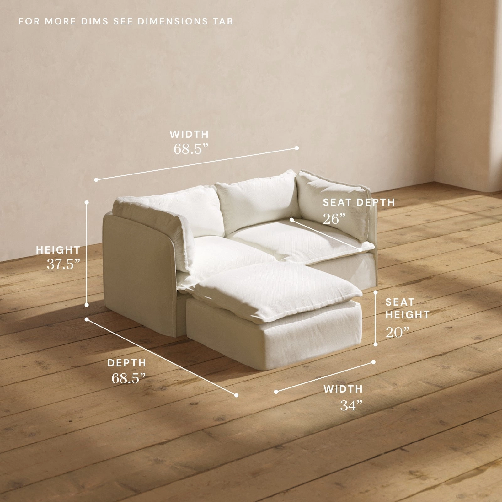 Modular Washable 2-Seater Sectional in Eggshell | Deluxe  Seat | Cloud Pillow