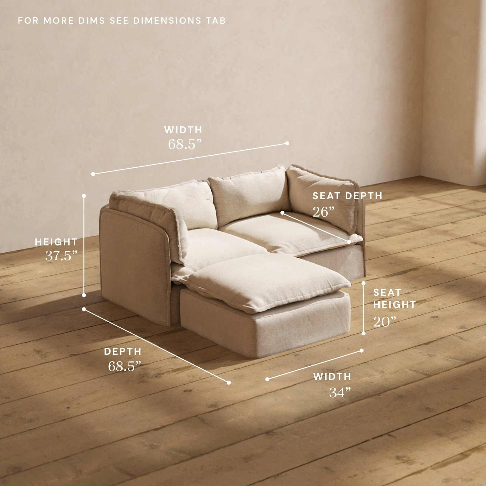 Modular Washable 2-Seater Sectional in Oat | Deluxe  Seat | Cloud Pillow