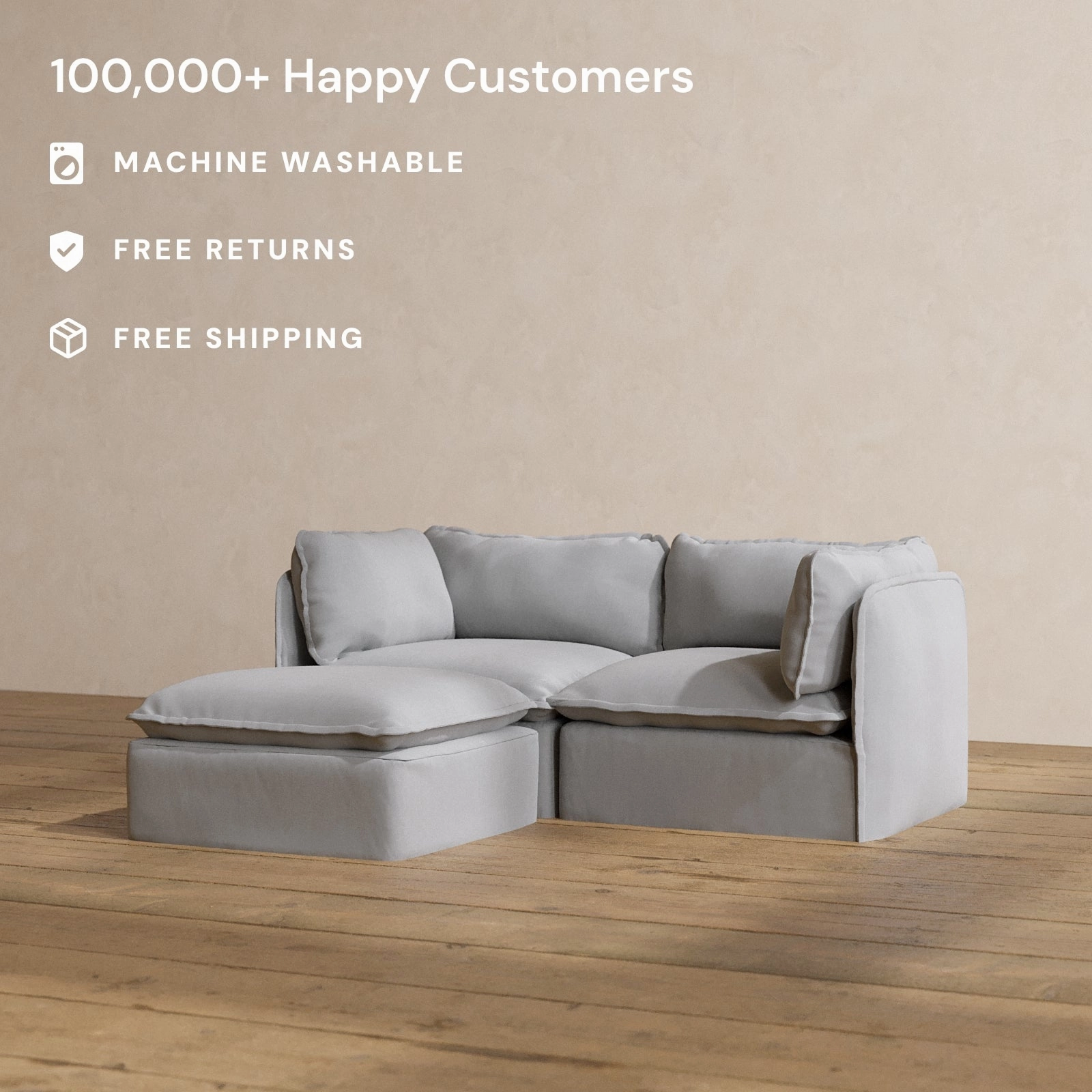 Modular Washable 2-Seater Sectional in Pumice | Deluxe  Seat | Cloud Pillow