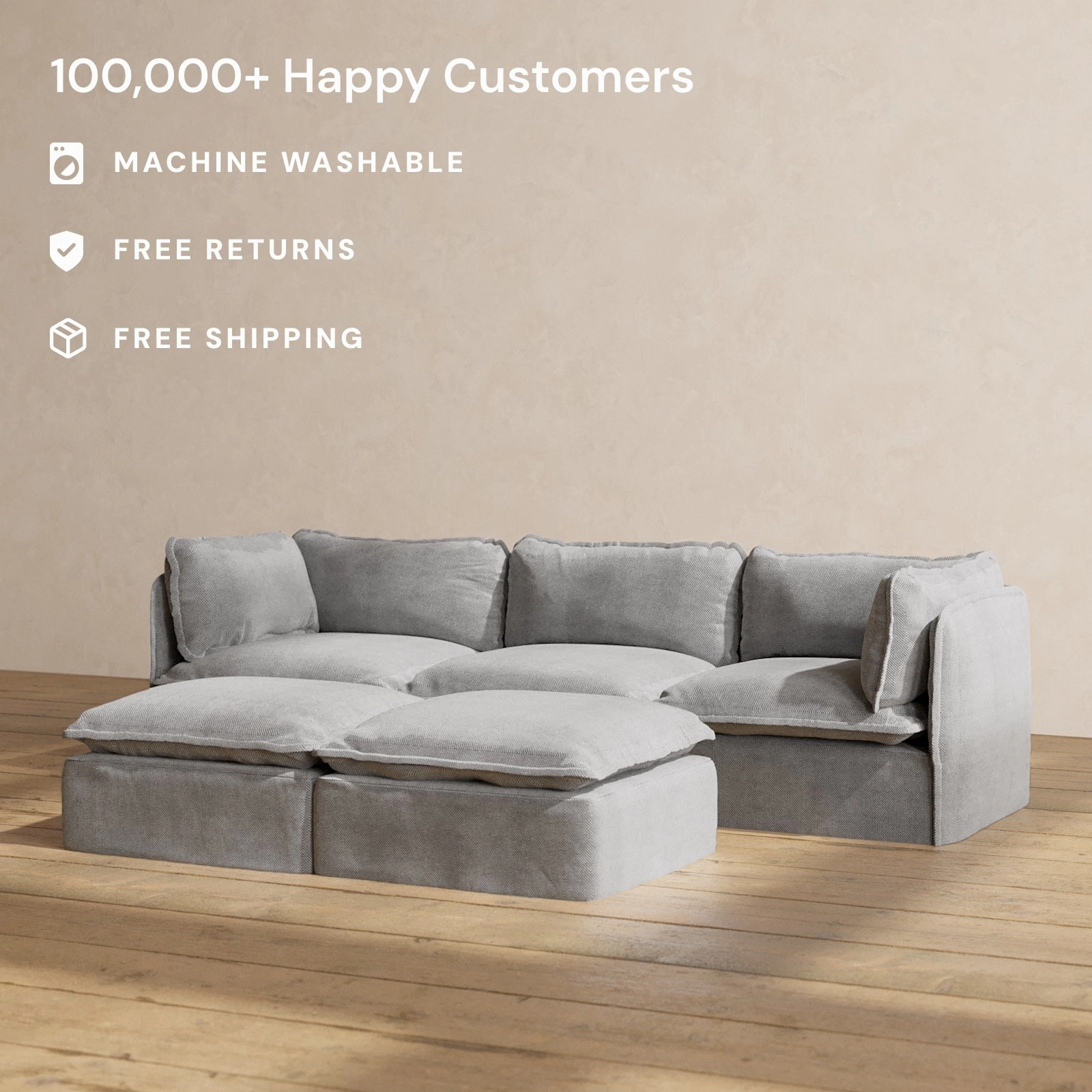Modular Washable 3-Seater   Bench Ottoman in Ash | Deluxe  Seat | Cloud Pillow