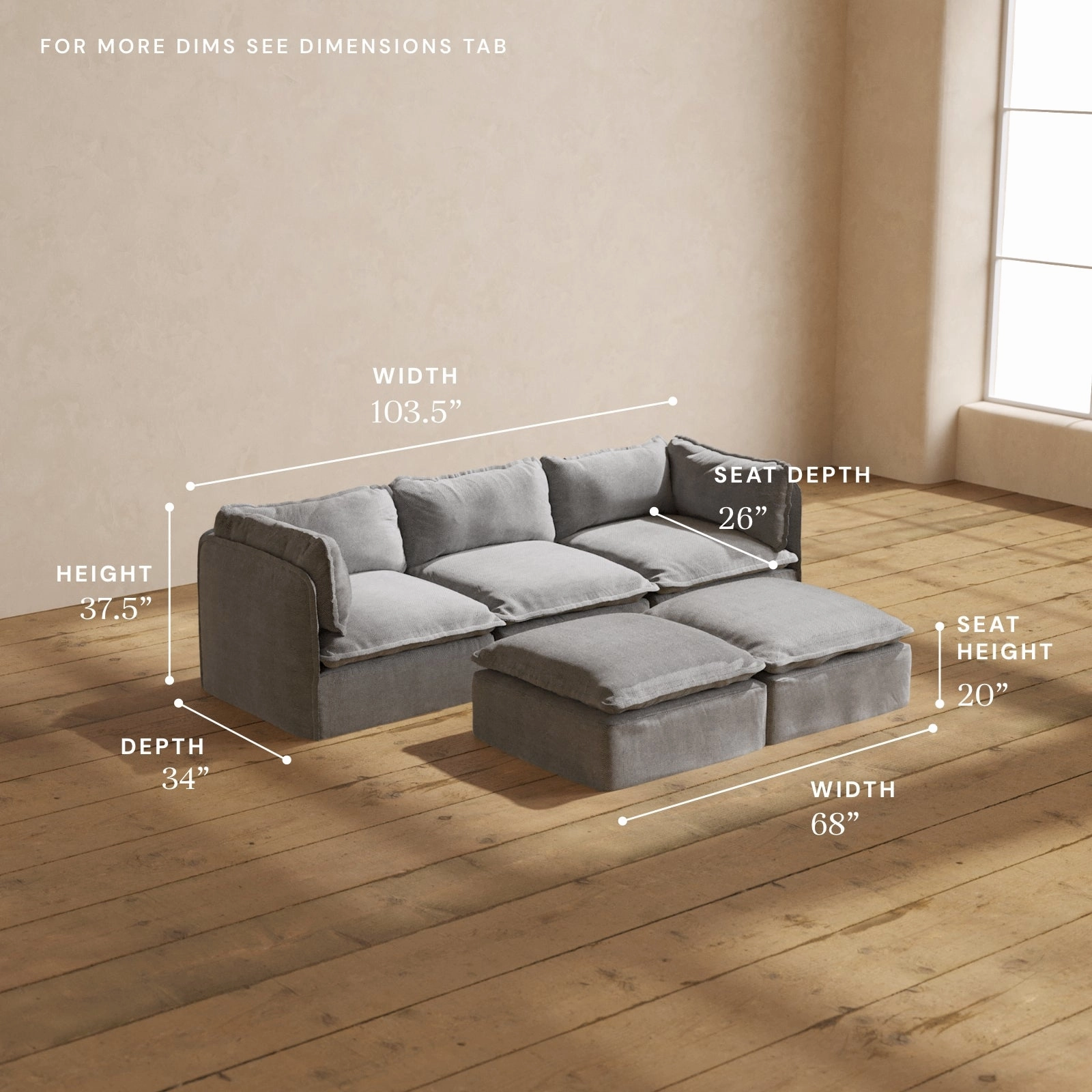 Modular Washable 3-Seater   Bench Ottoman in Ash | Deluxe  Seat | Cloud Pillow