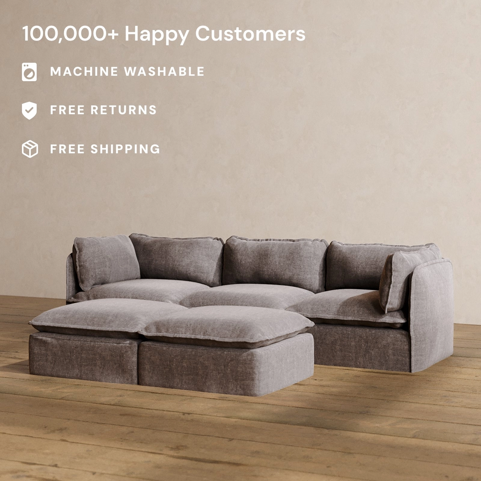 Modular Washable 3-Seater   Bench Ottoman in Caviar | Deluxe  Seat | Cloud Pillow