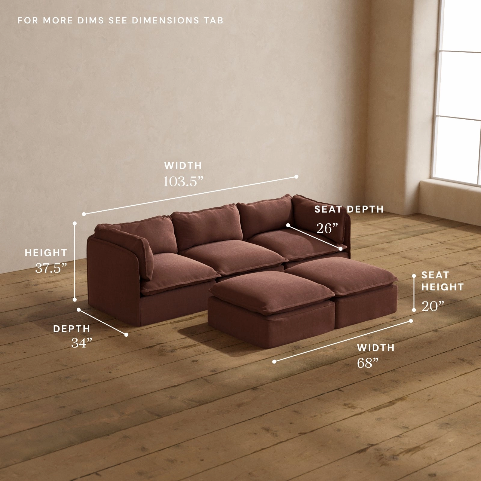 Modular Washable 3-Seater   Bench Ottoman in Chestnut | Deluxe  Seat | Cloud Pillow