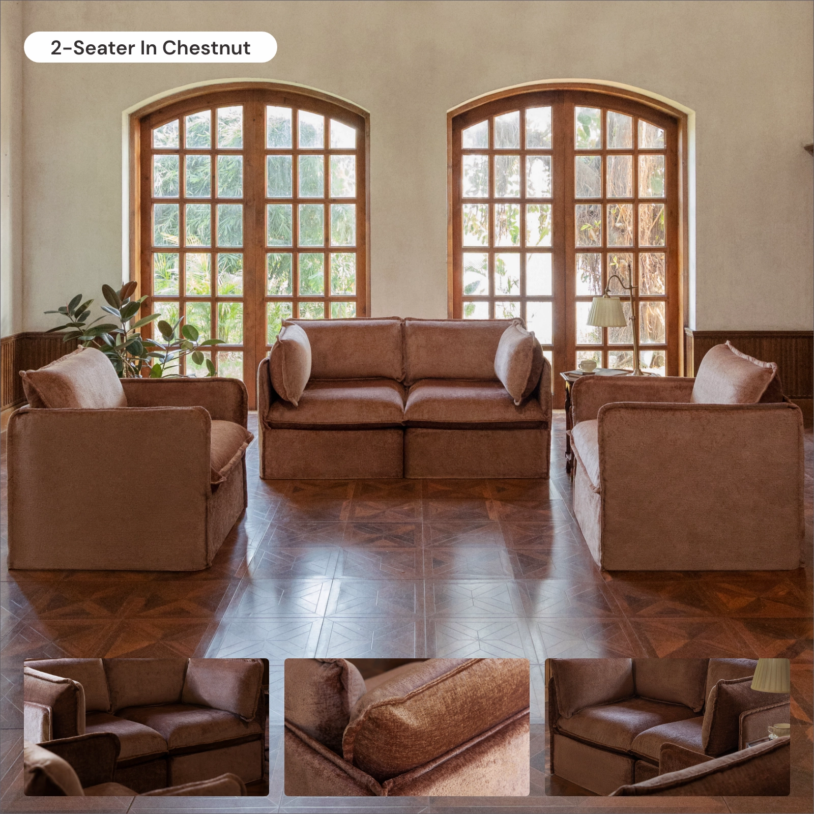 Modular Washable 3-Seater   Bench Ottoman in Chestnut | Deluxe  Seat | Cloud Pillow