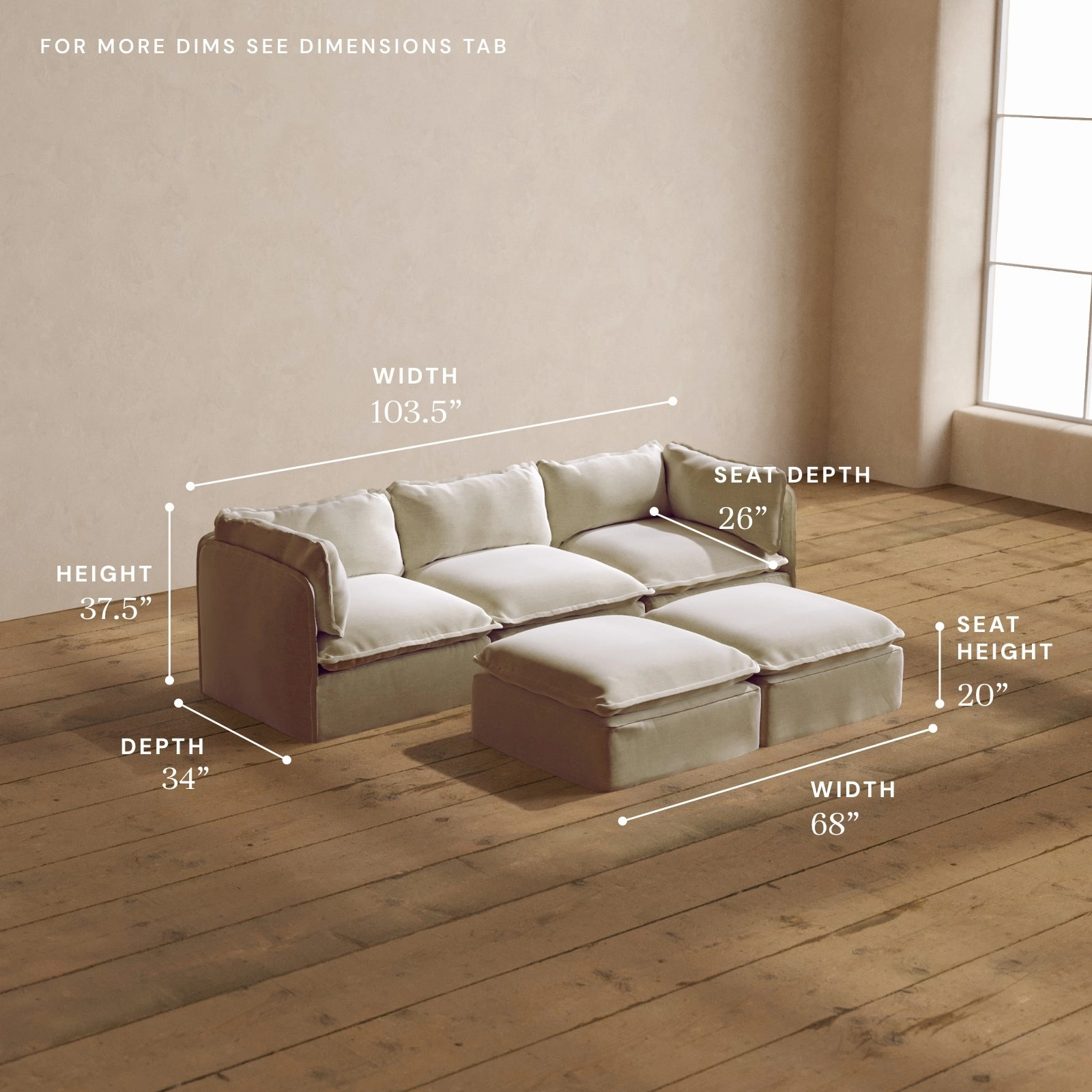 Modular Washable 3-Seater   Bench Ottoman in Coco | Deluxe  Seat | Cloud Pillow