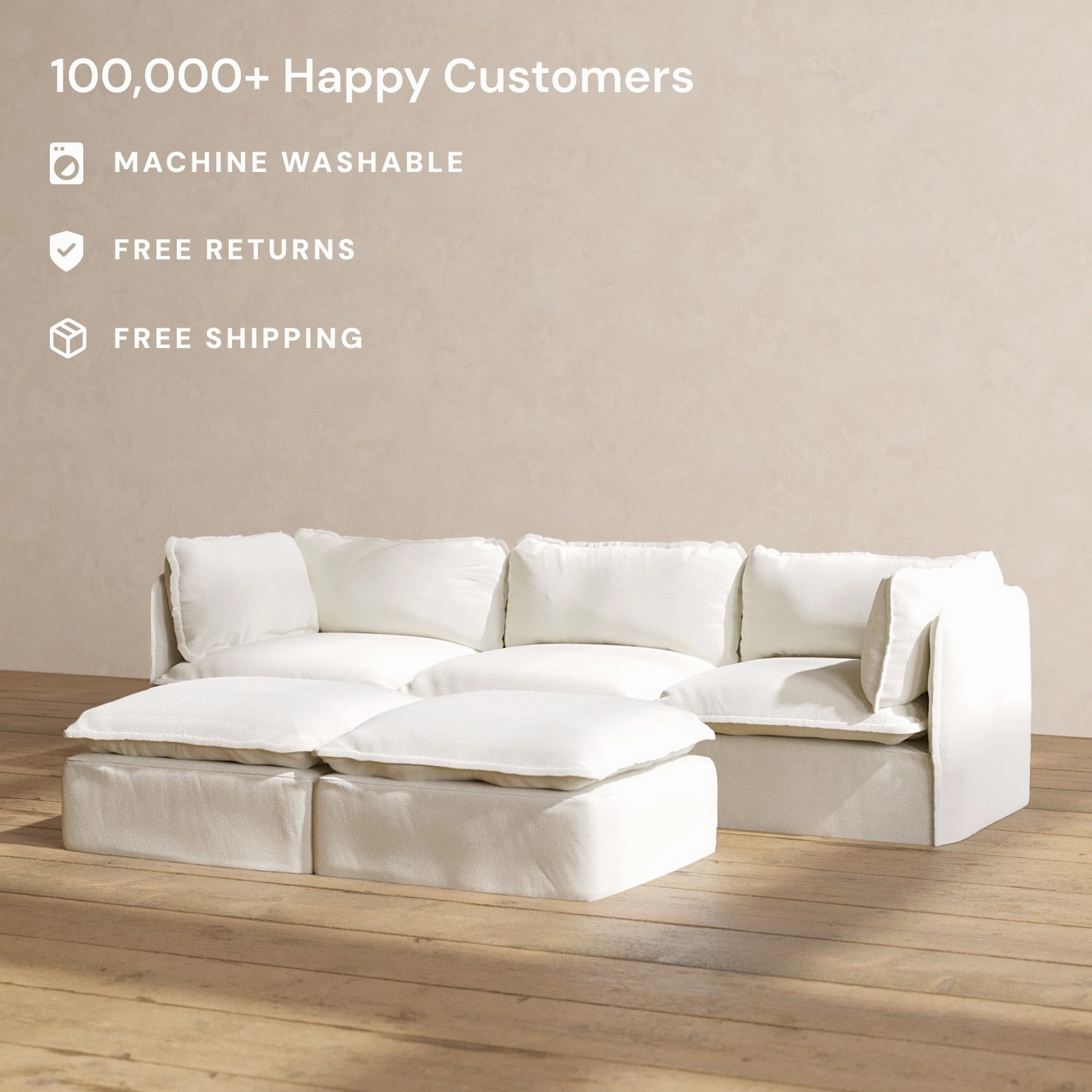 Modular Washable 3-Seater   Bench Ottoman in Eggshell | Deluxe  Seat | Cloud Pillow