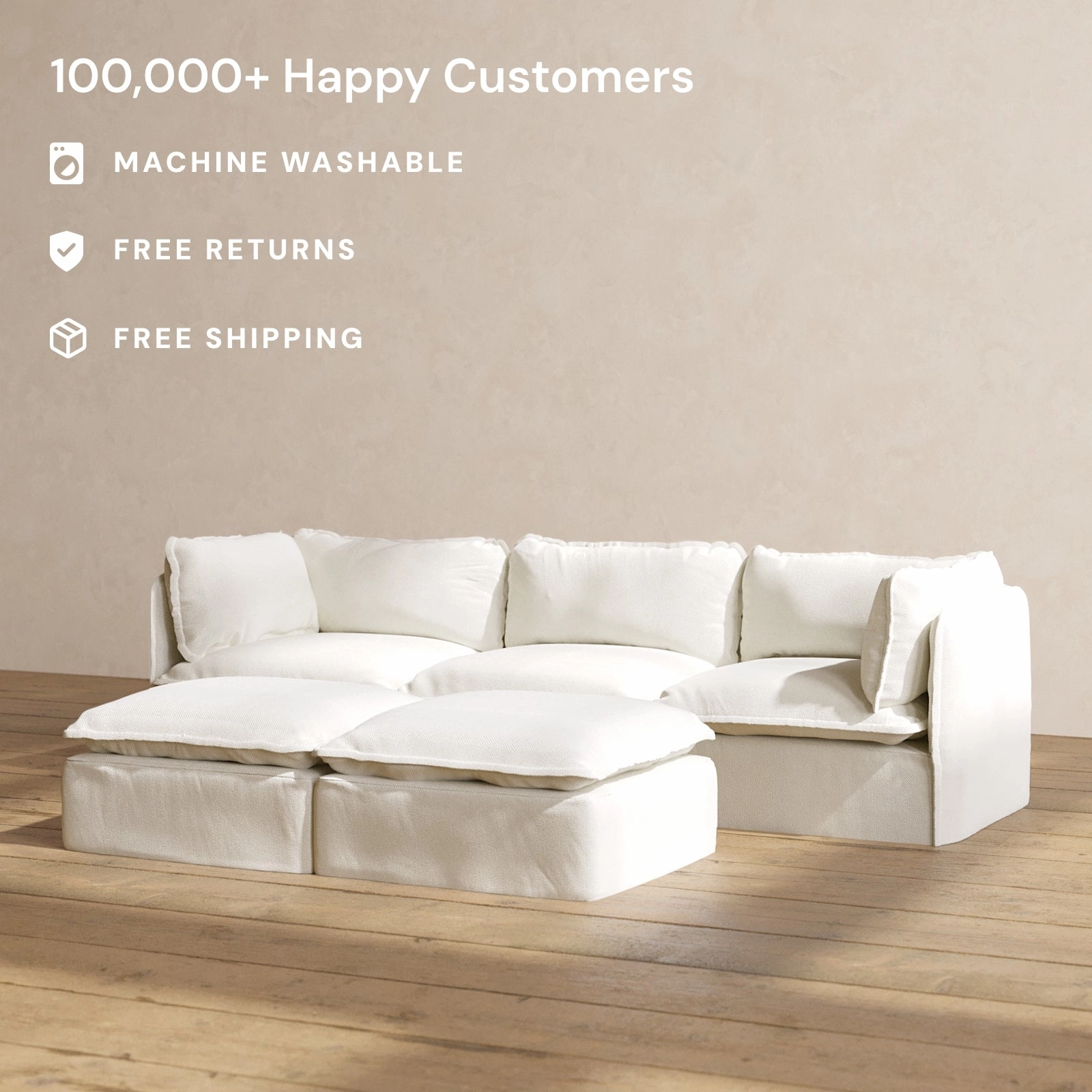 Modular Washable 3-Seater   Bench Ottoman in Eggshell | Memorix  Seat | Contour Pillow