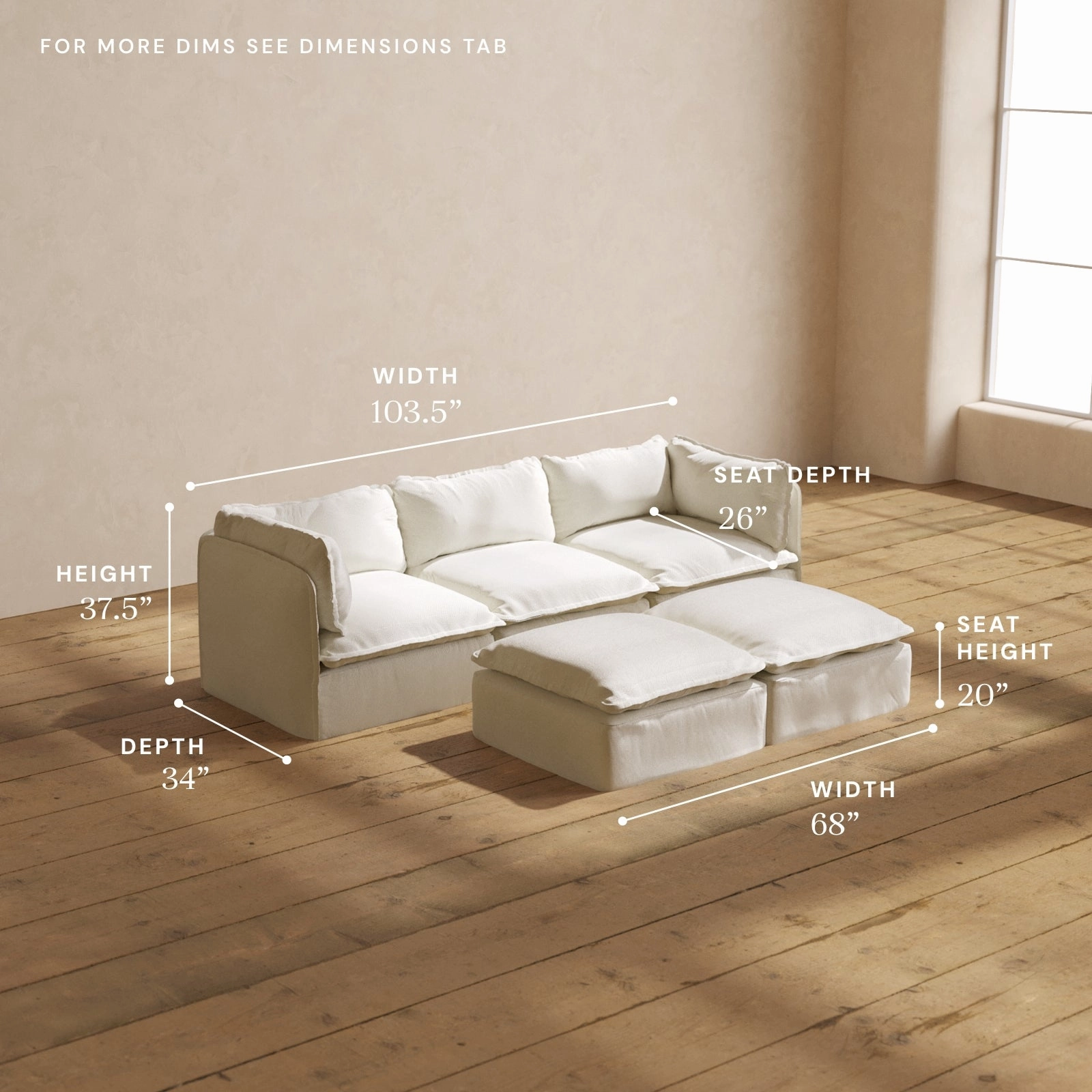Modular Washable 3-Seater   Bench Ottoman in Eggshell | Memorix  Seat | Contour Pillow
