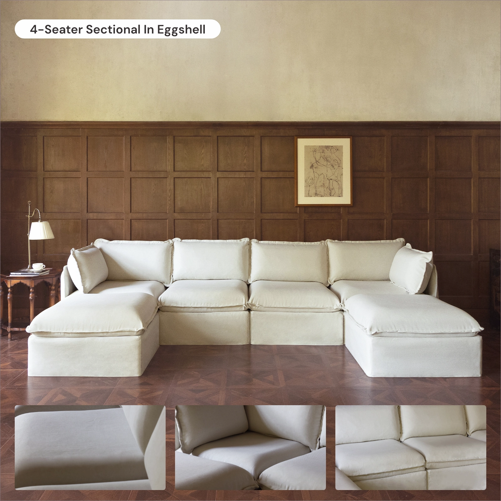 Modular Washable 3-Seater   Bench Ottoman in Eggshell | Memorix  Seat | Contour Pillow