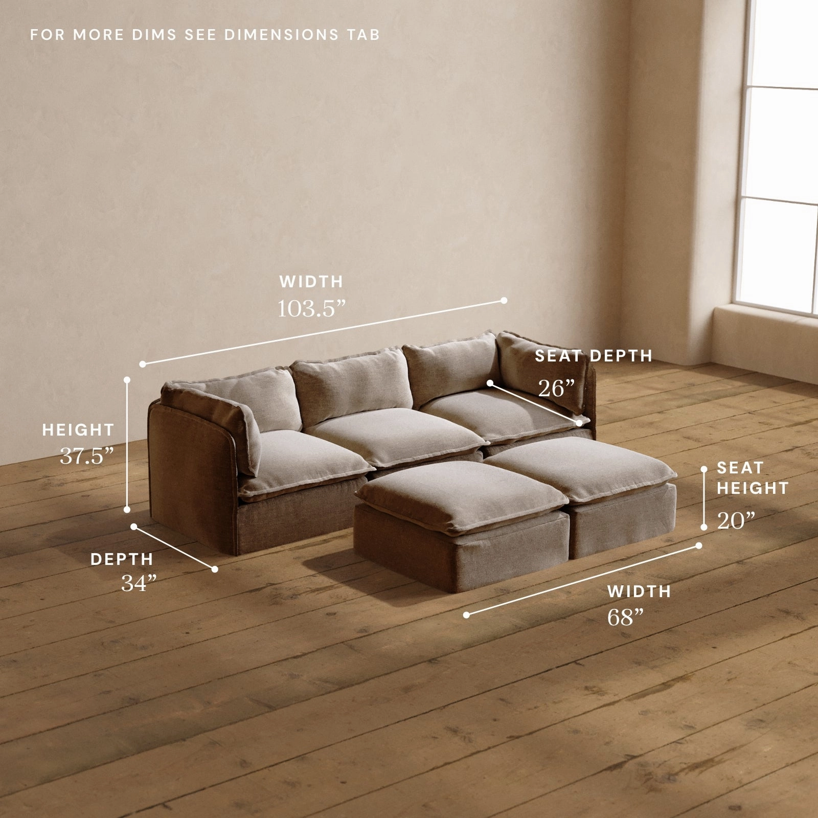 Modular Washable 3-Seater   Bench Ottoman in Mist | Deluxe  Seat | Cloud Pillow