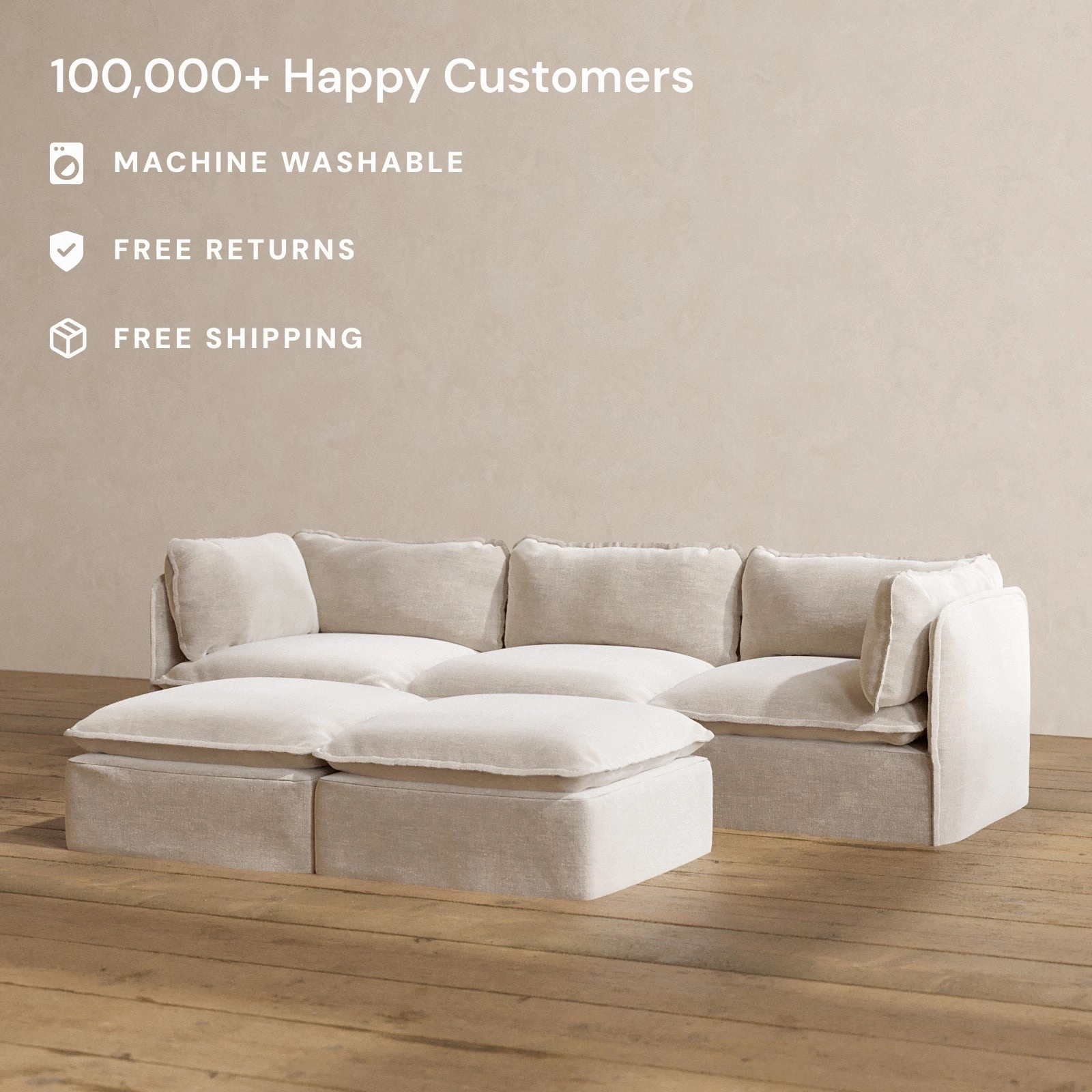 Modular Washable 3-Seater   Bench Ottoman in Mist | Deluxe  Seat | Cloud Pillow