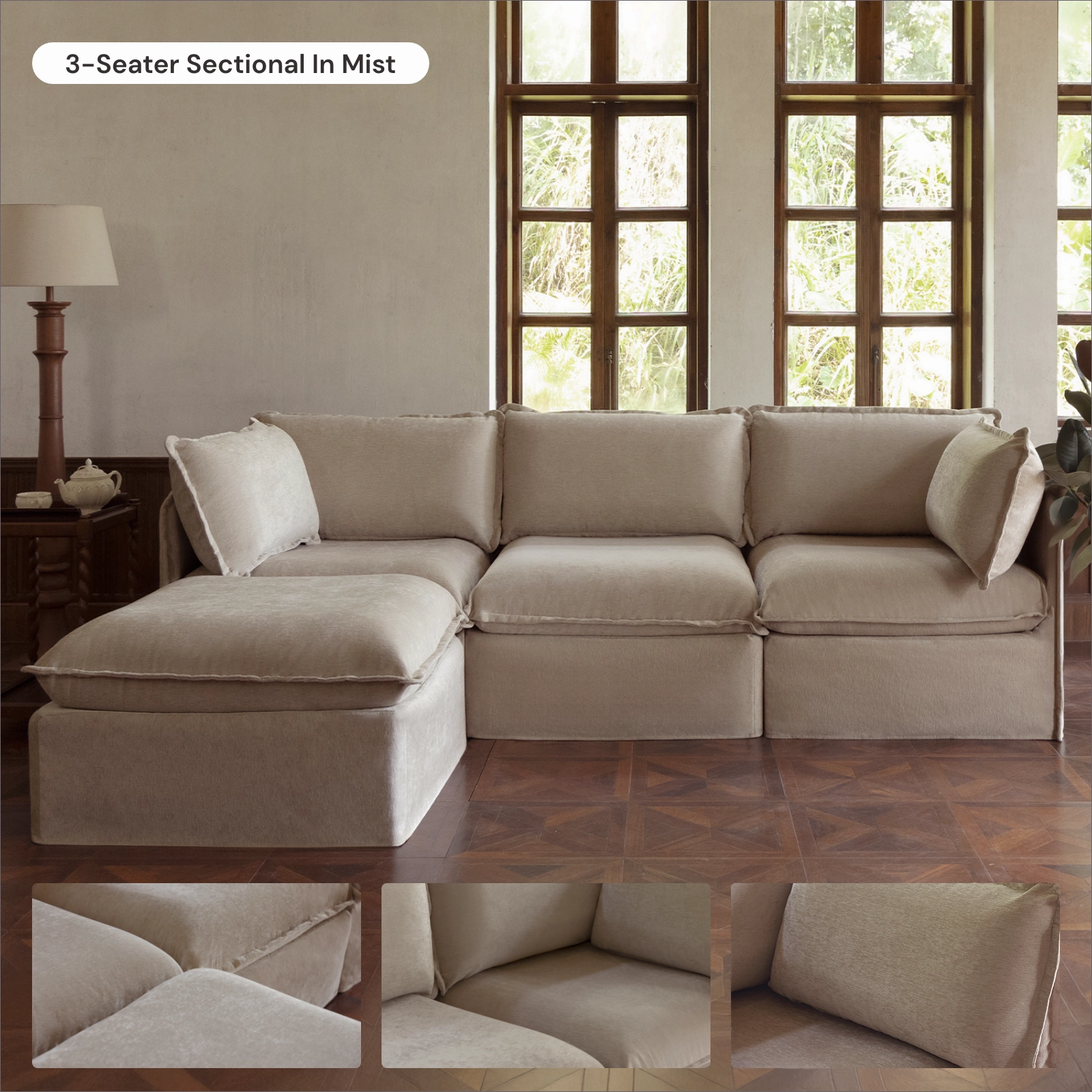 Modular Washable 3-Seater   Bench Ottoman in Mist | Deluxe  Seat | Cloud Pillow