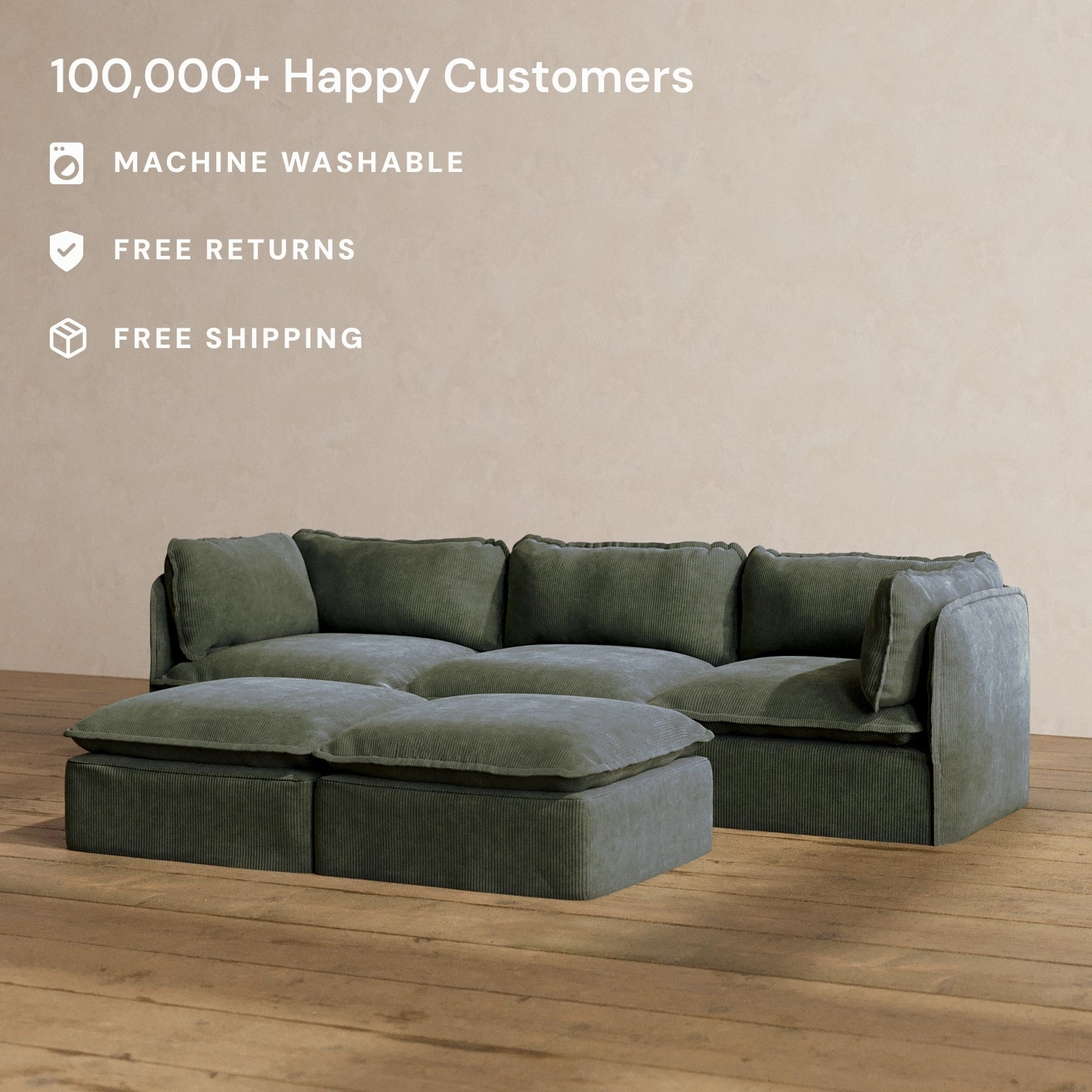 Modular Washable 3-Seater   Bench Ottoman in Olivine | Deluxe  Seat | Cloud Pillow