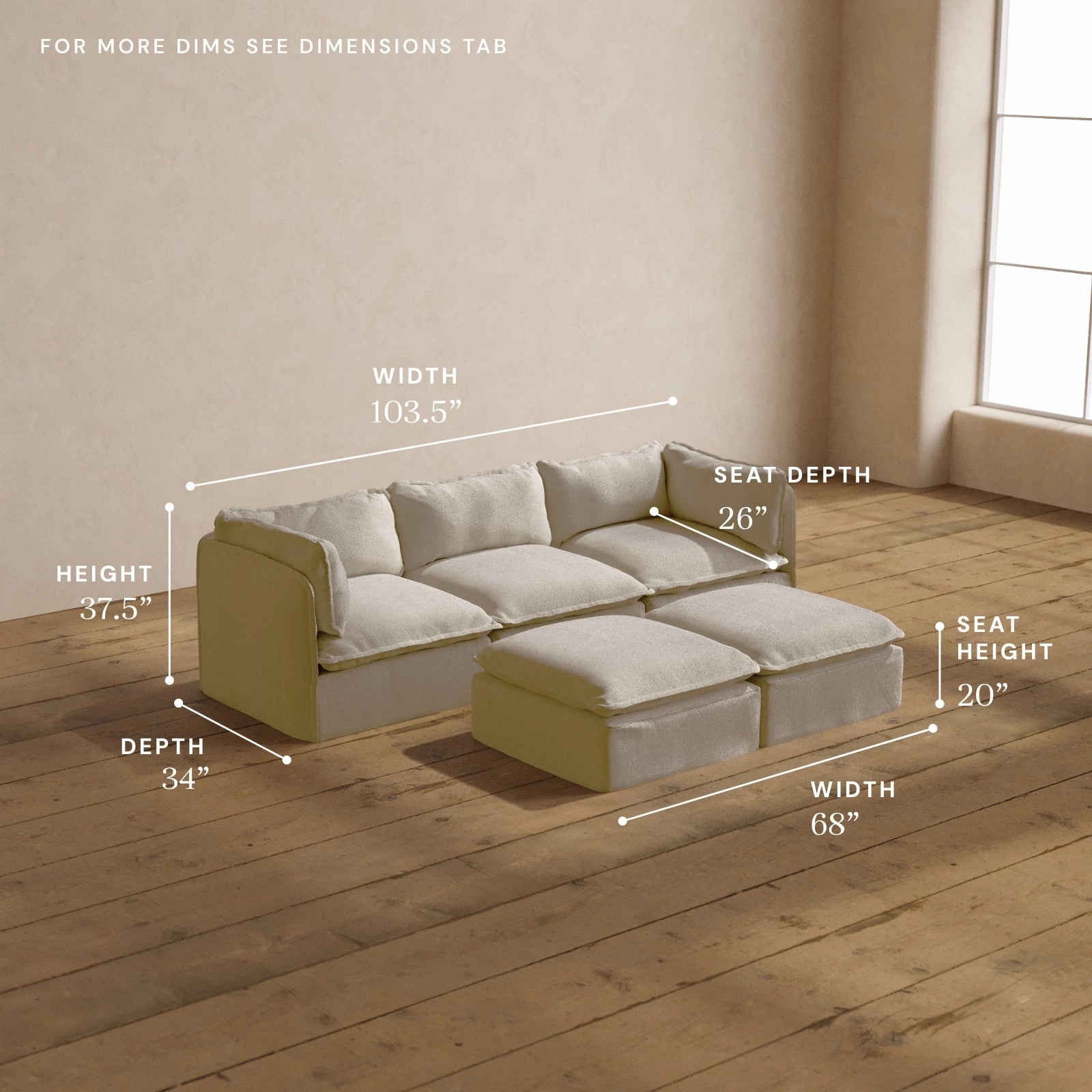 Modular Washable 3-Seater   Bench Ottoman in Powder | Deluxe  Seat | Cloud Pillow