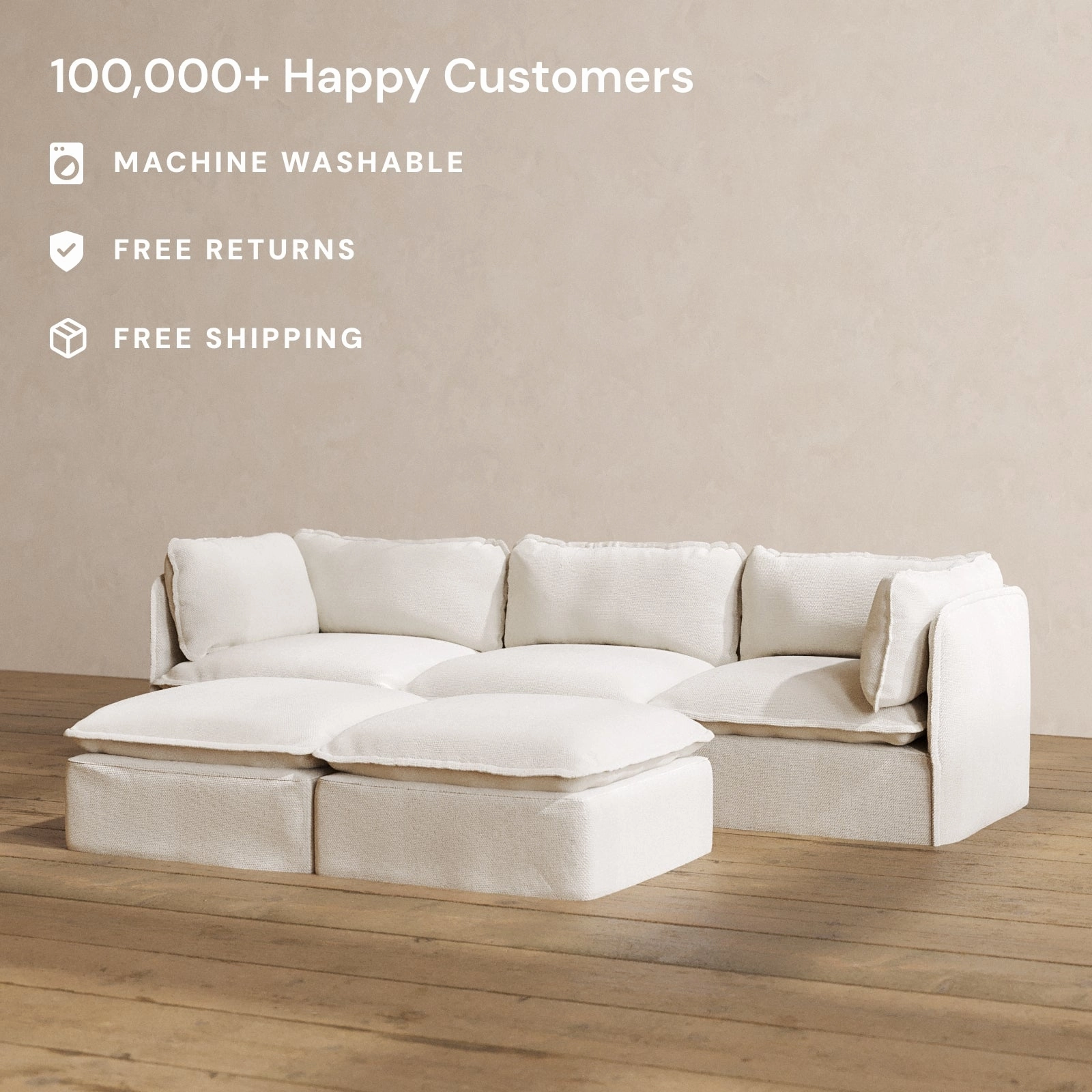 Modular Washable 3-Seater   Bench Ottoman in Powder | Deluxe  Seat | Cloud Pillow