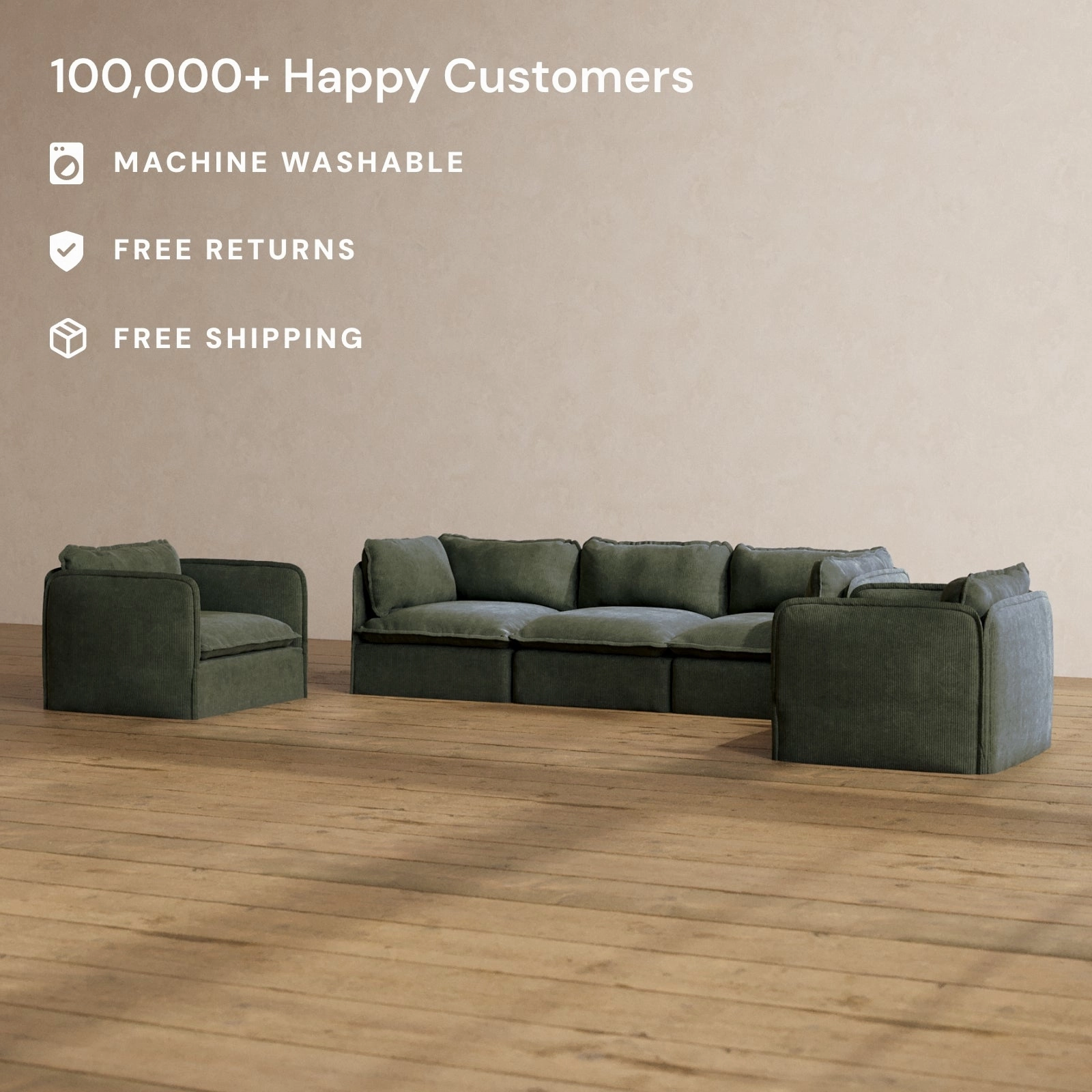 Modular Washable 3-Seater Sofa   Armchair Set in Olivine | Memorix  Seat | Contour Pillow