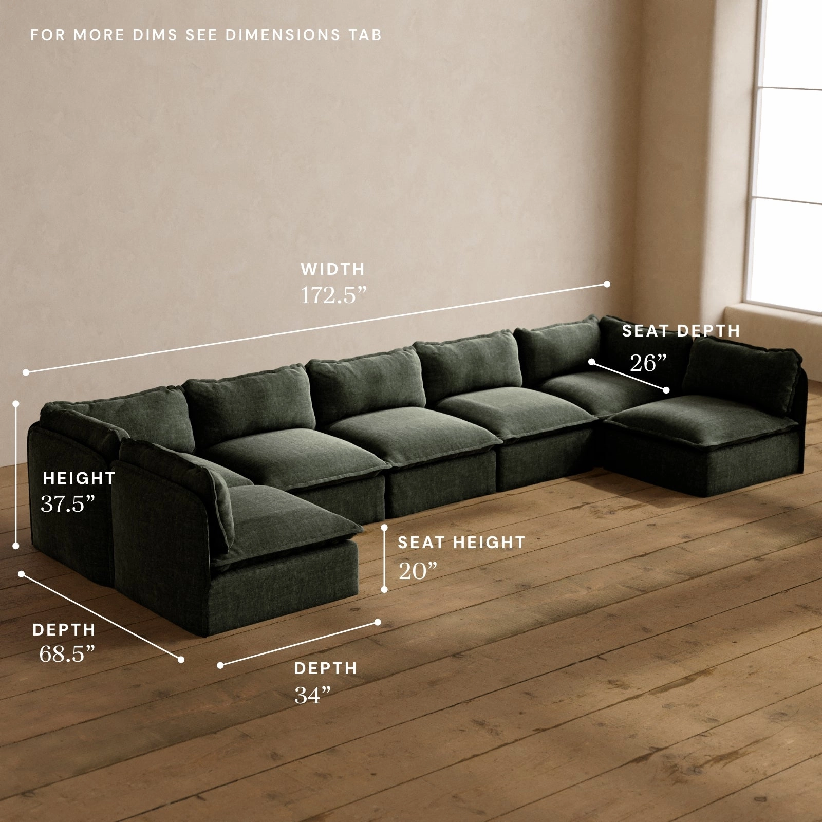 Modular Washable 7-Seater Open-Ends U-Sectional in Willow | Deluxe  Seat | Cloud Pillow