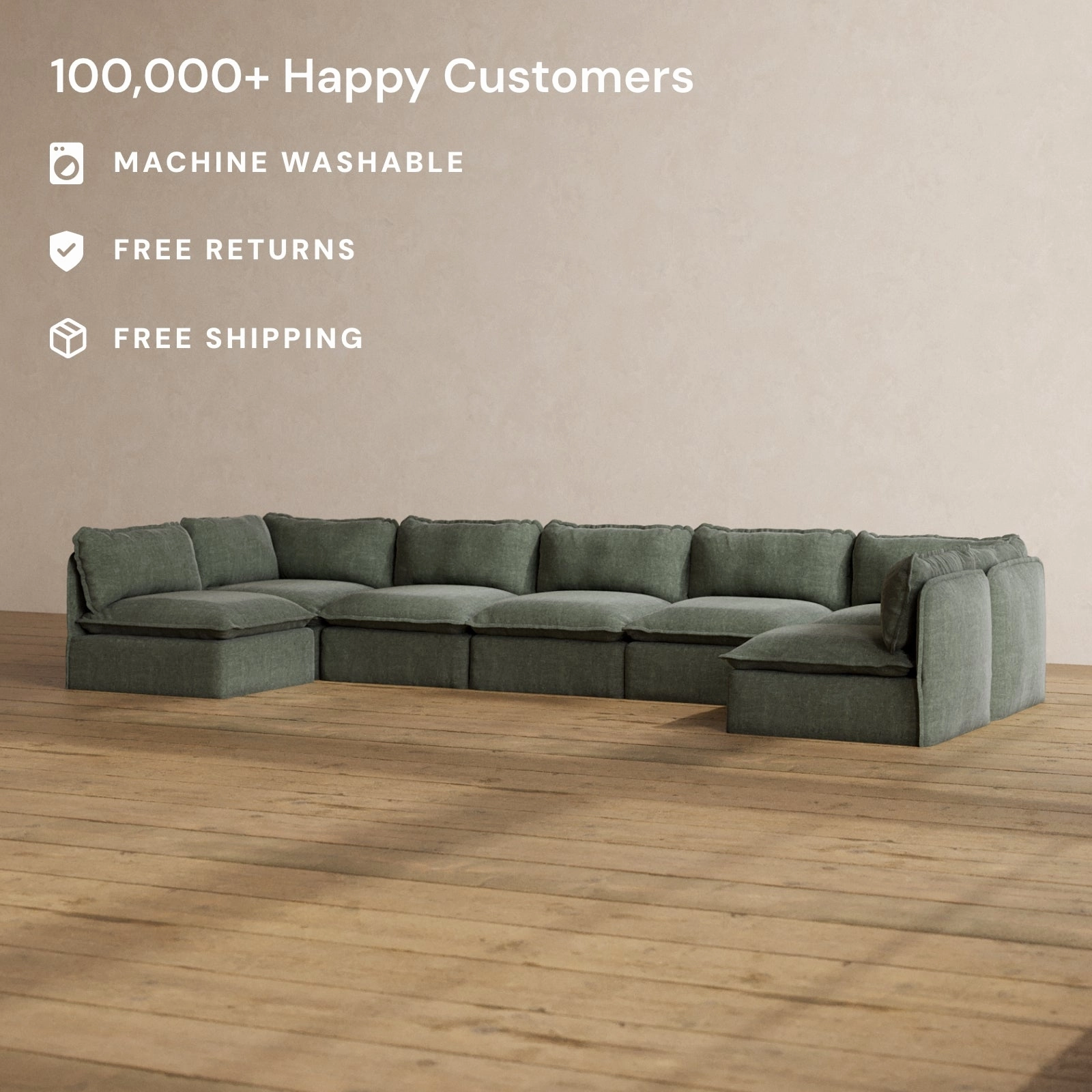 Modular Washable 7-Seater Open-Ends U-Sectional in Willow | Deluxe  Seat | Cloud Pillow