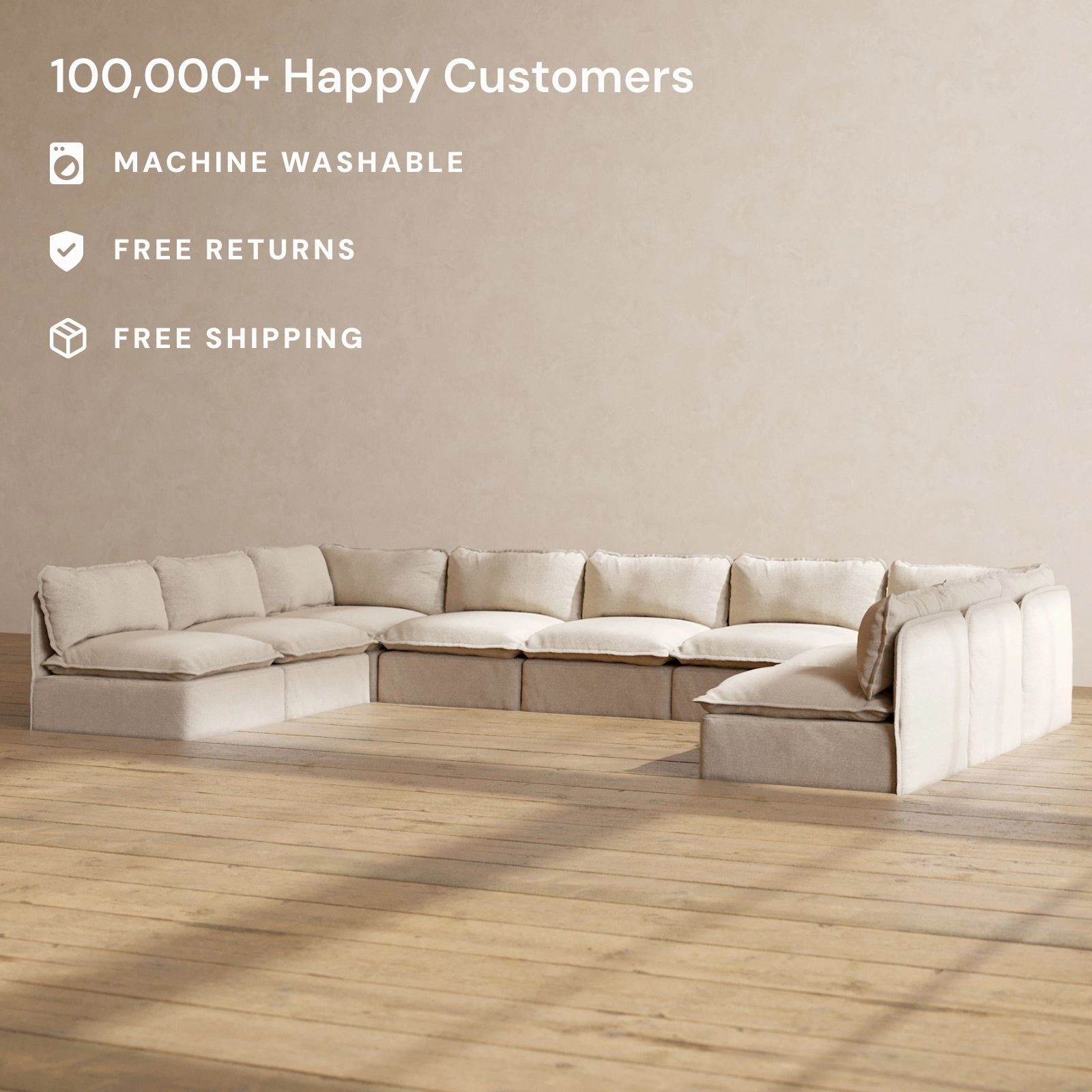 Modular Washable 9-Seater Open-Ends U-Sectional in Oat | Deluxe  Seat | Cloud Pillow