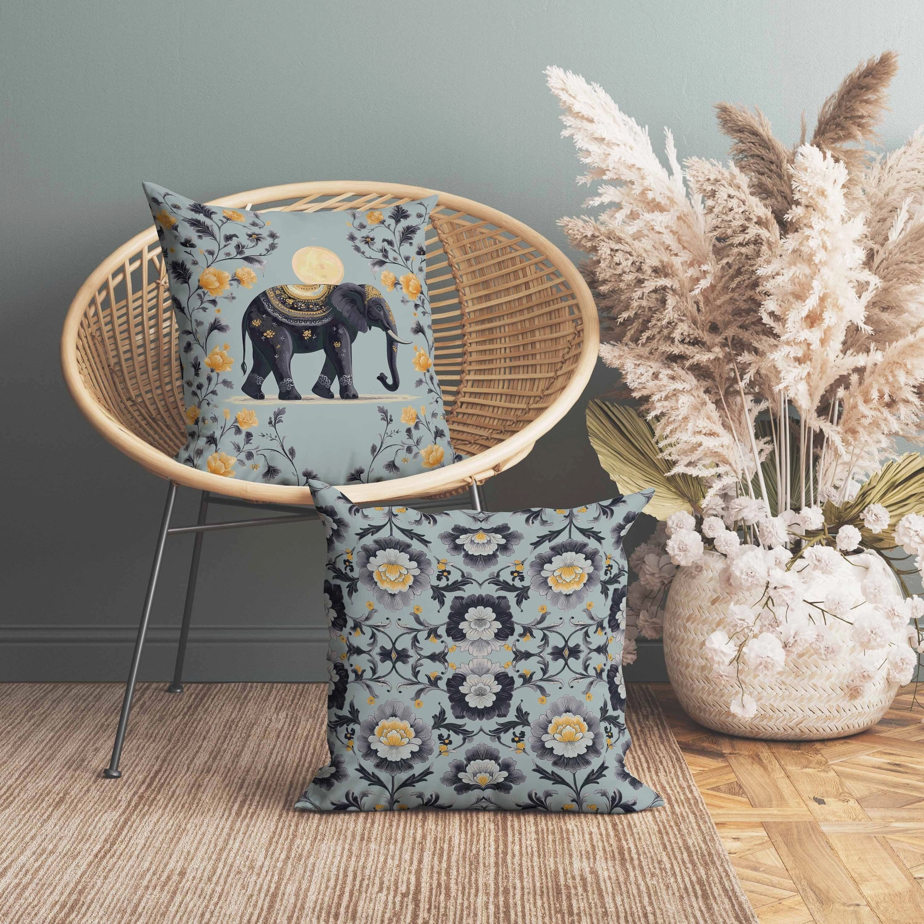 Moonbeam Elephant Faux Suede Reversible Throw Pillow Mint and Gray
