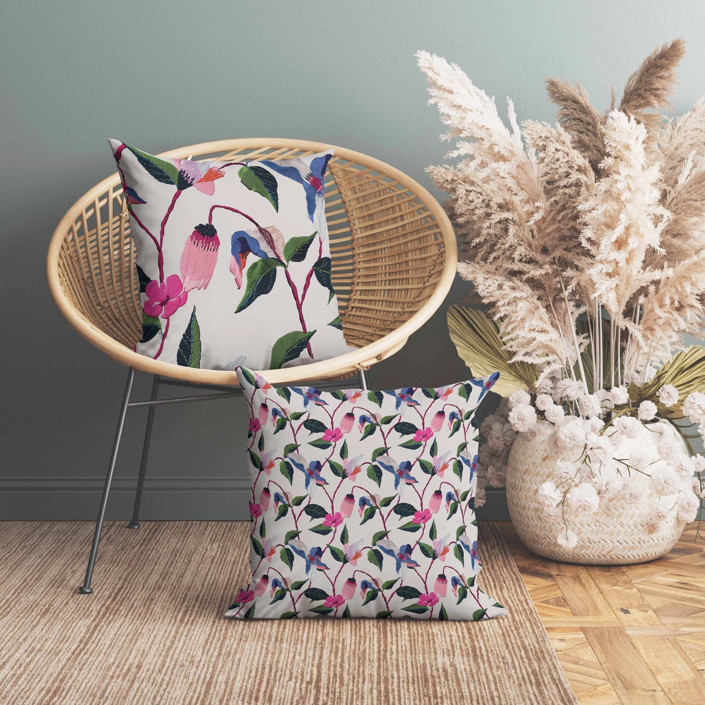 Nature's Embroidery Indoor/Outdoor Reversible Throw Pillow Beige and Multi