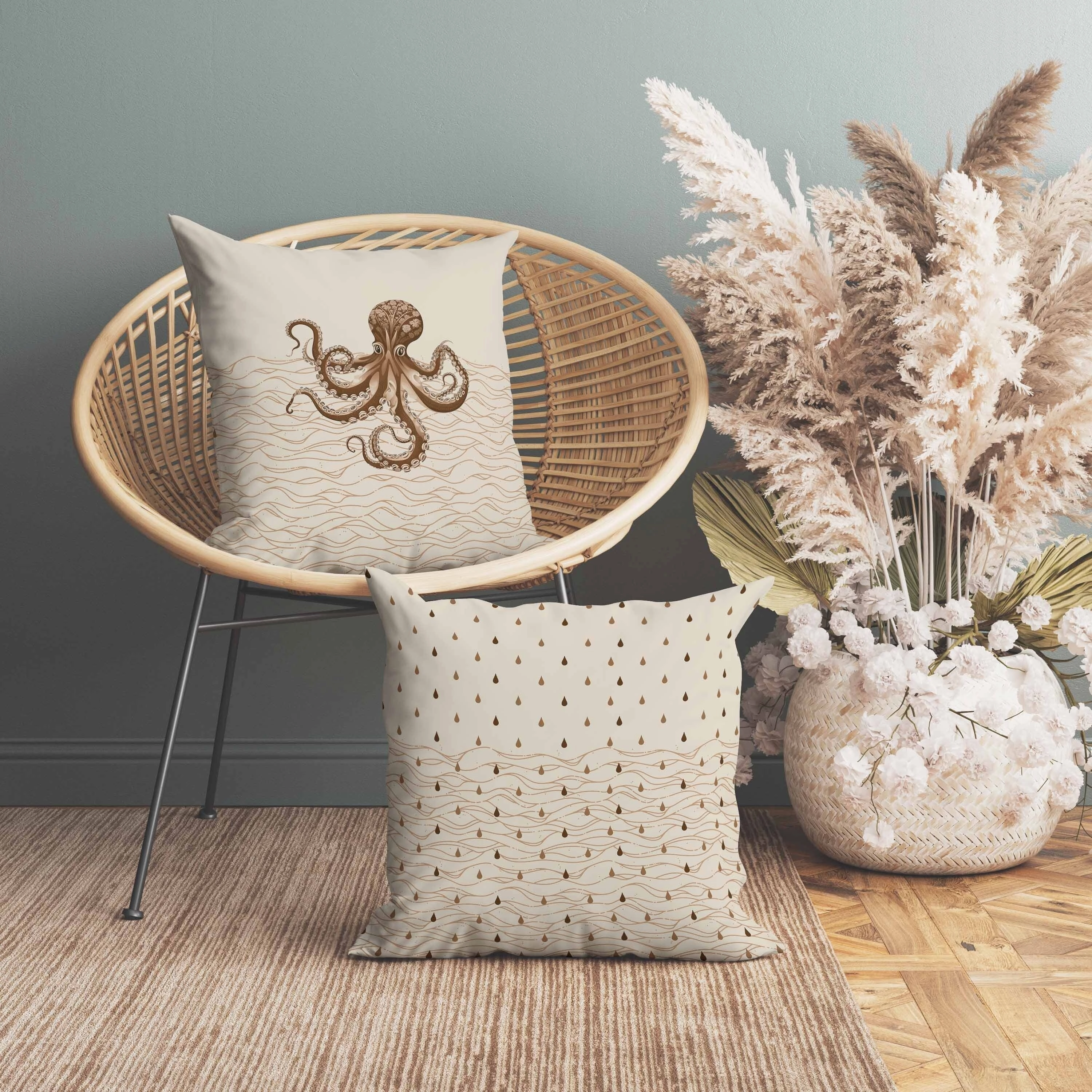 Oceanic Octo Art Faux Suede Reversible Throw Pillow Cream and Coffee