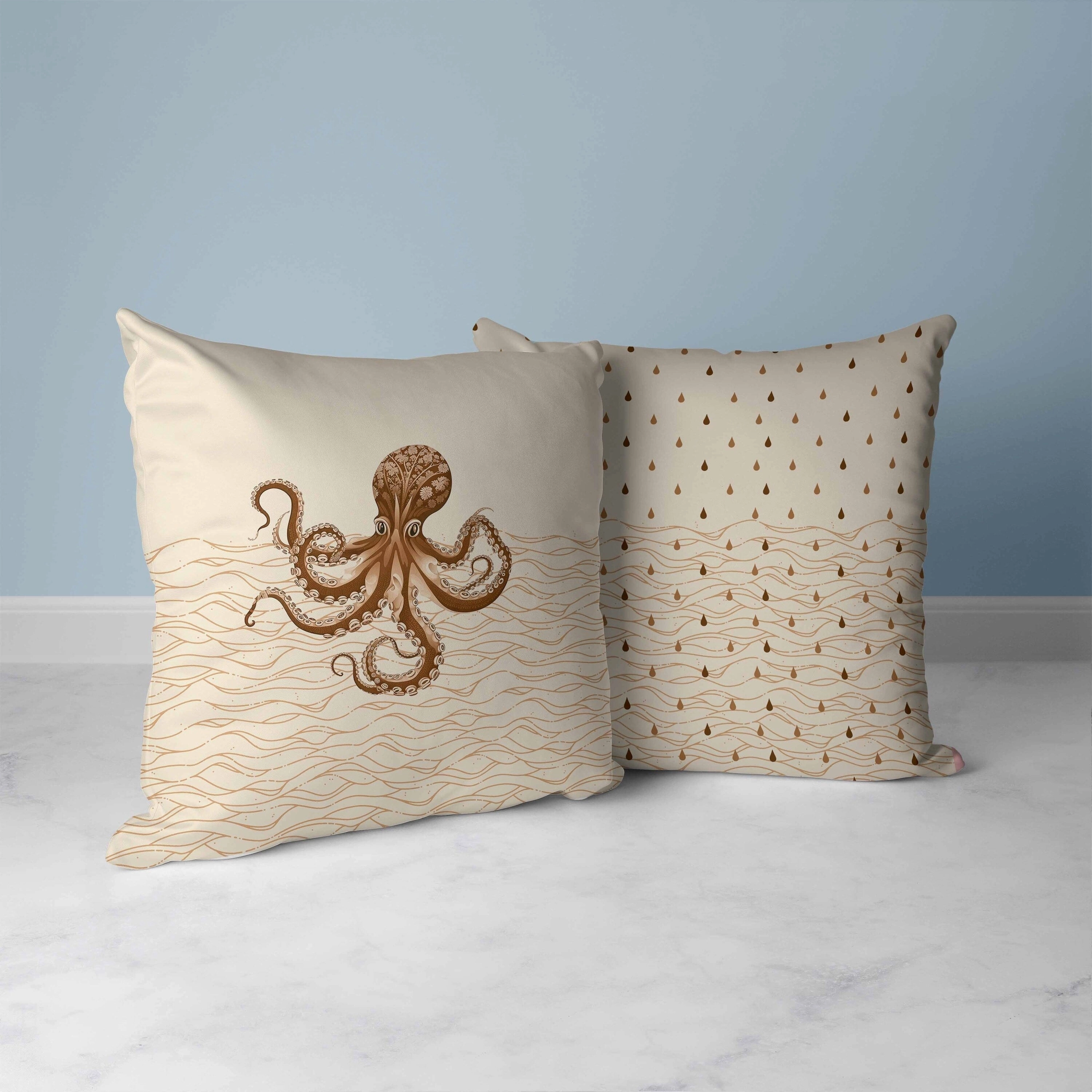 Oceanic Octo Art Faux Suede Reversible Throw Pillow Cream and Coffee