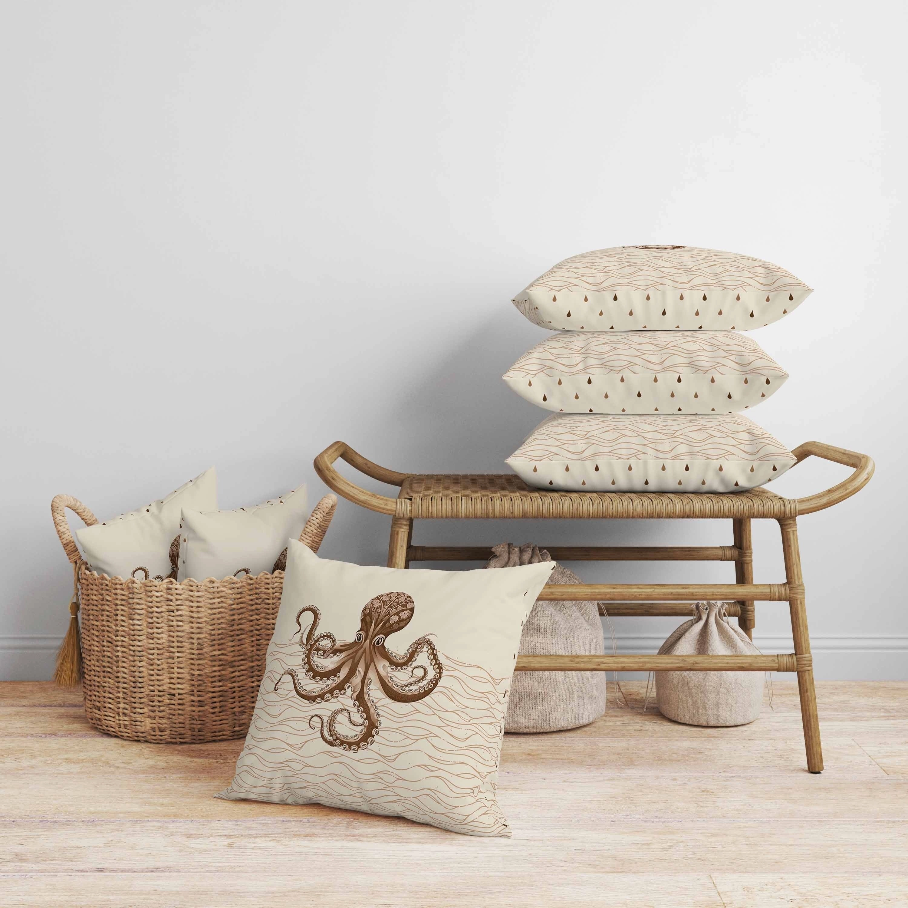Oceanic Octo Art Faux Suede Reversible Throw Pillow Cream and Coffee