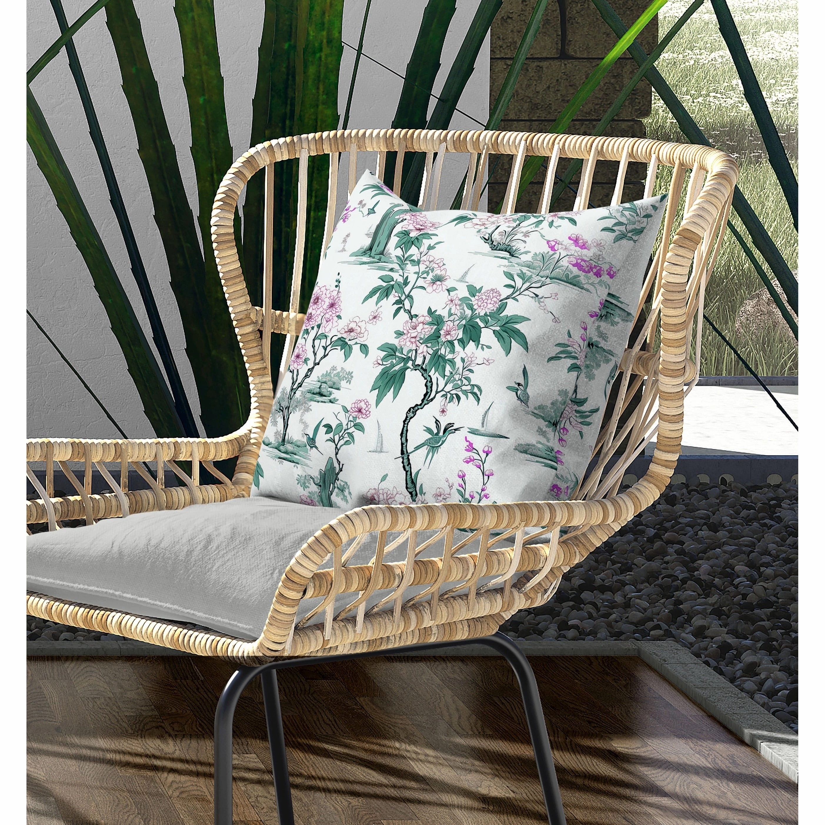 Open Air Orchid Indoor/Outdoor Reversible Throw Pillow Green and Pink