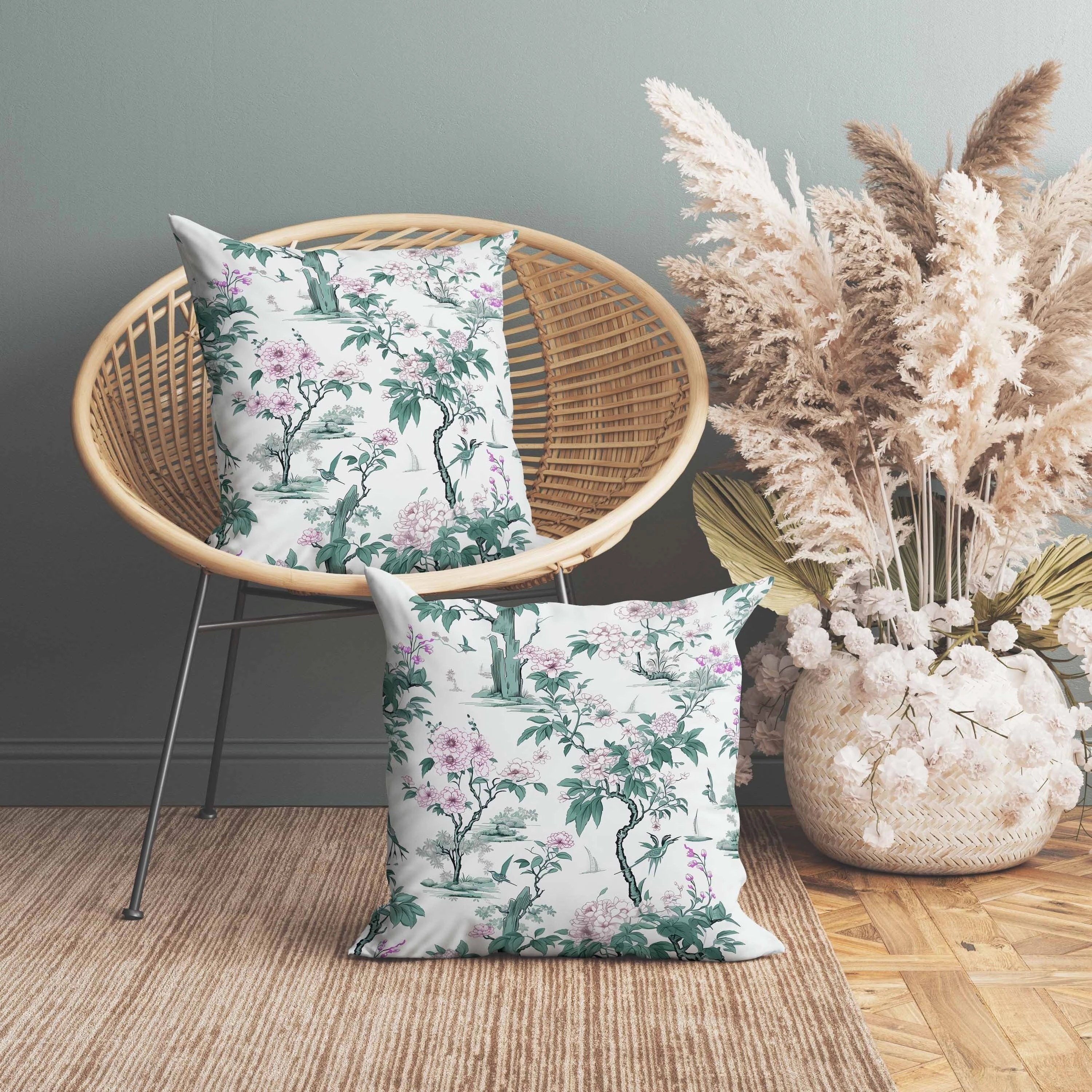 Open Air Orchid Indoor/Outdoor Reversible Throw Pillow Green and Pink