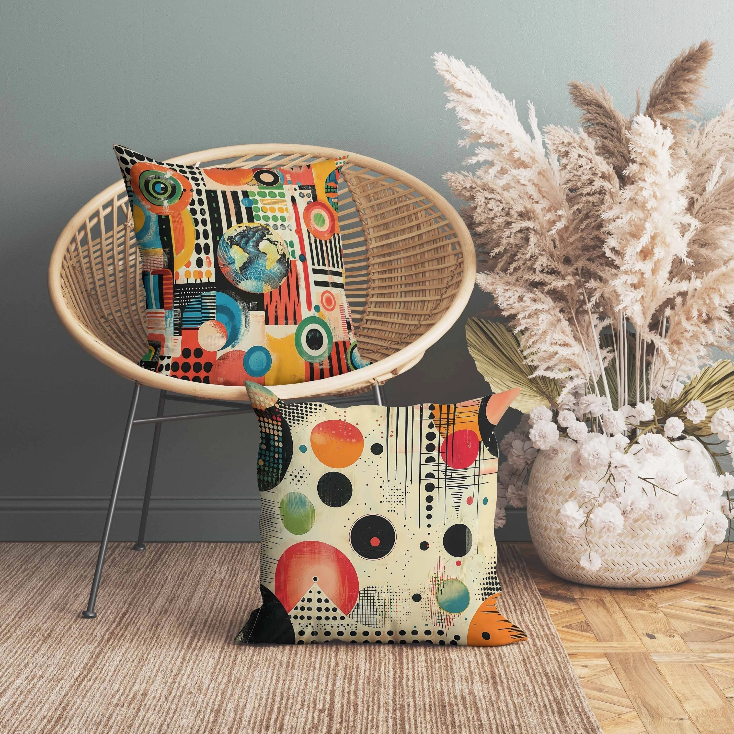 Orbital Echoes Faux Suede Reversible Throw Pillow Orange and Blue