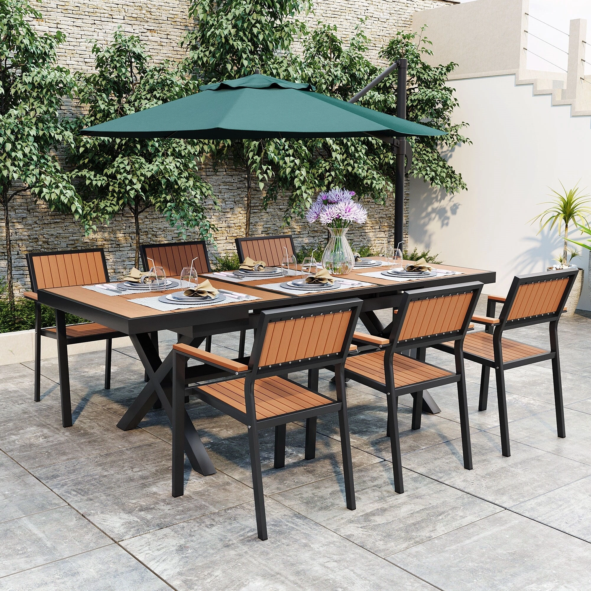 Outdoor Plastic Wood Chairs Set with Six Chairs and a Table (Set of 7)