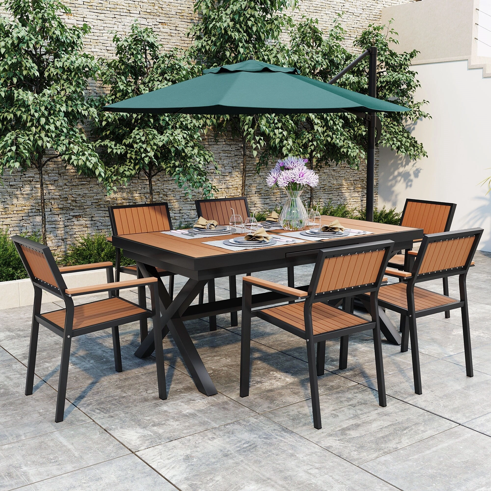 Outdoor Plastic Wood Chairs Set with Six Chairs and a Table (Set of 7)