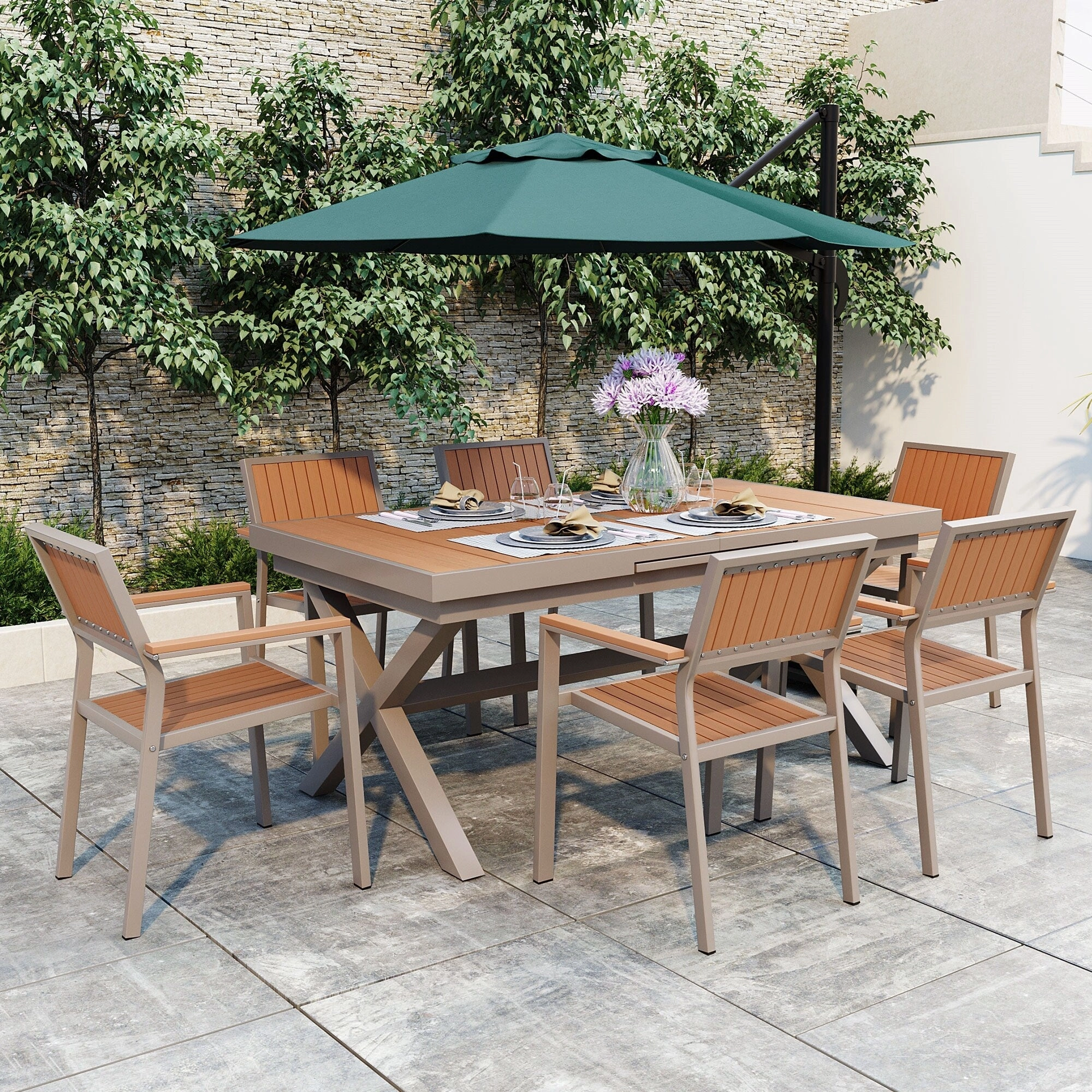 Outdoor Plastic Wood Chairs Set with Six Chairs and a Table (Set of 7)