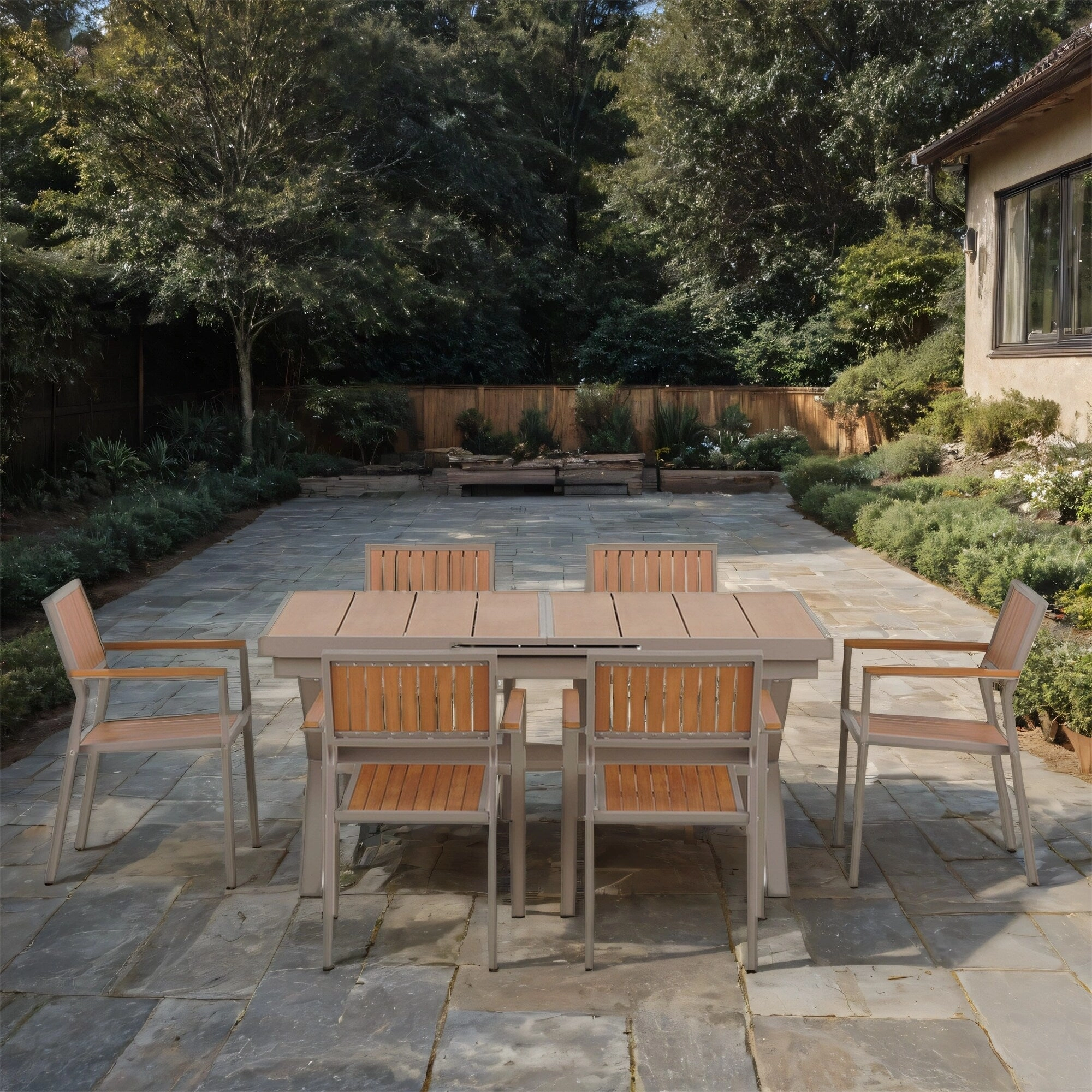 Outdoor Plastic Wood Chairs Set with Six Chairs and a Table (Set of 7)