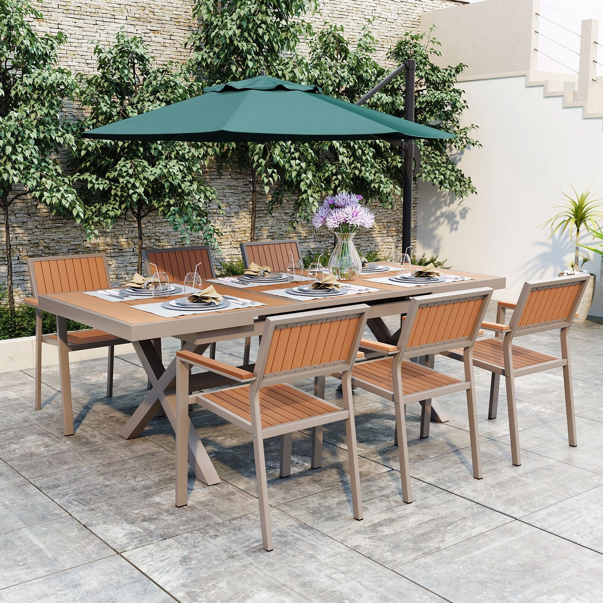 Outdoor Plastic Wood Chairs Set with Six Chairs and a Table (Set of 7)