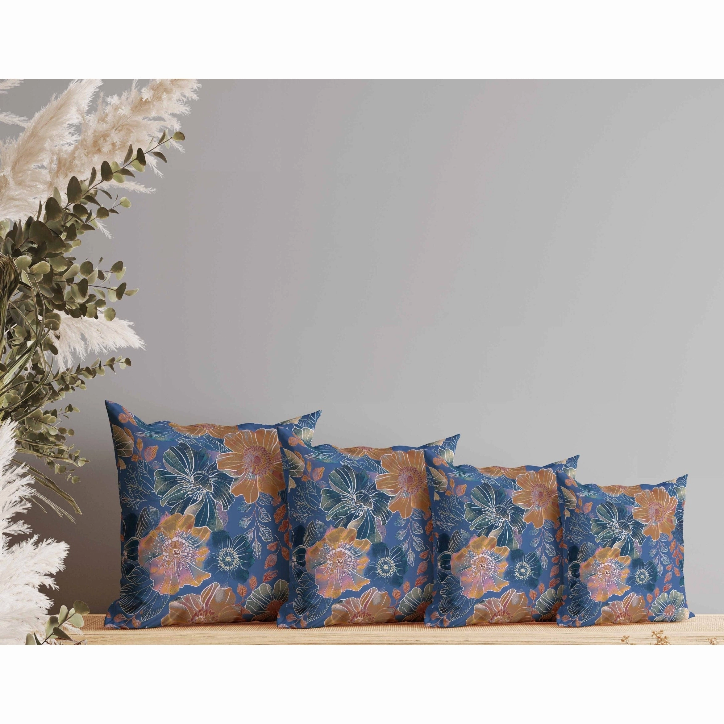 Painted Petalscape Indoor/Outdoor Reversible Throw Pillow Blue and Rust