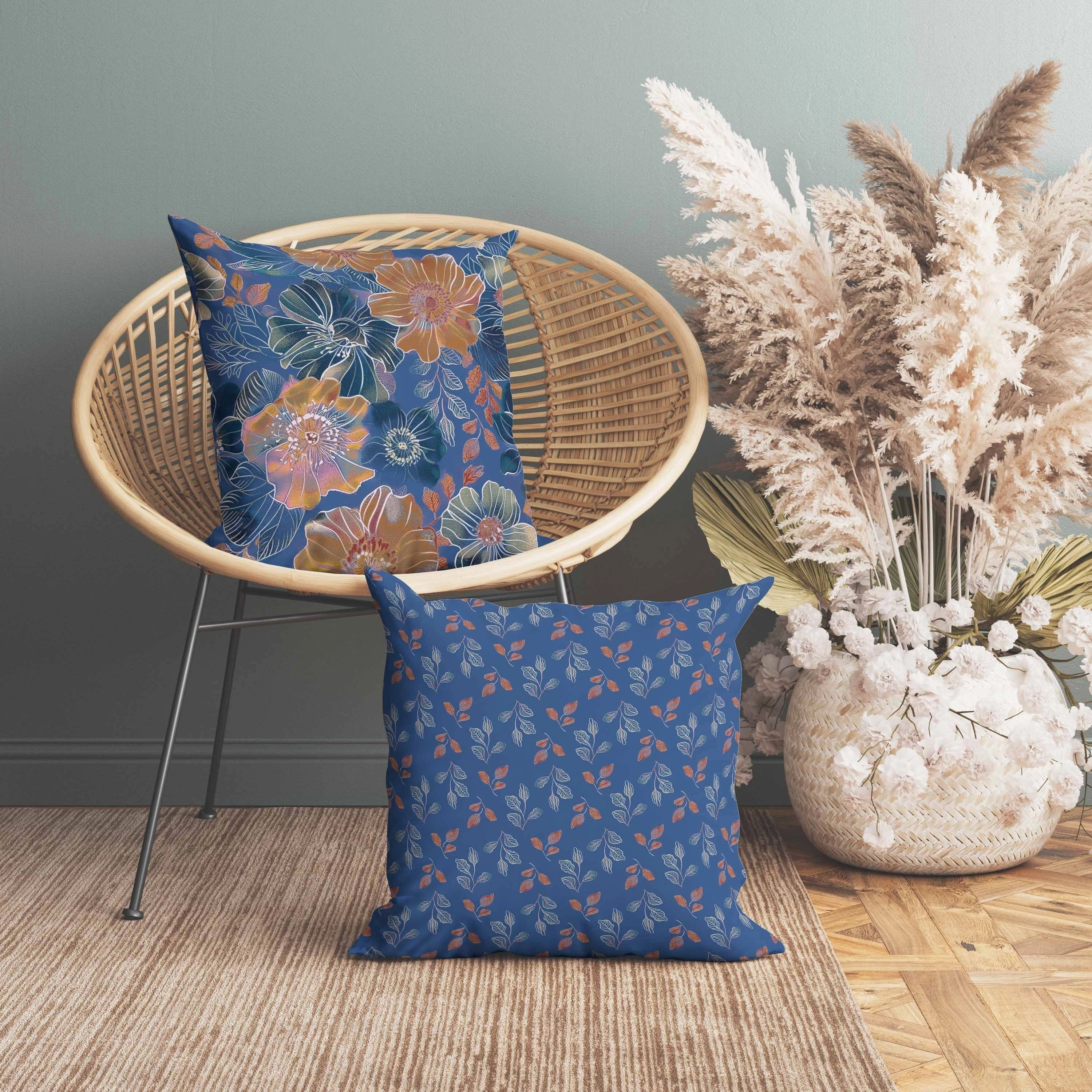 Painted Petalscape Indoor/Outdoor Reversible Throw Pillow Blue and Rust