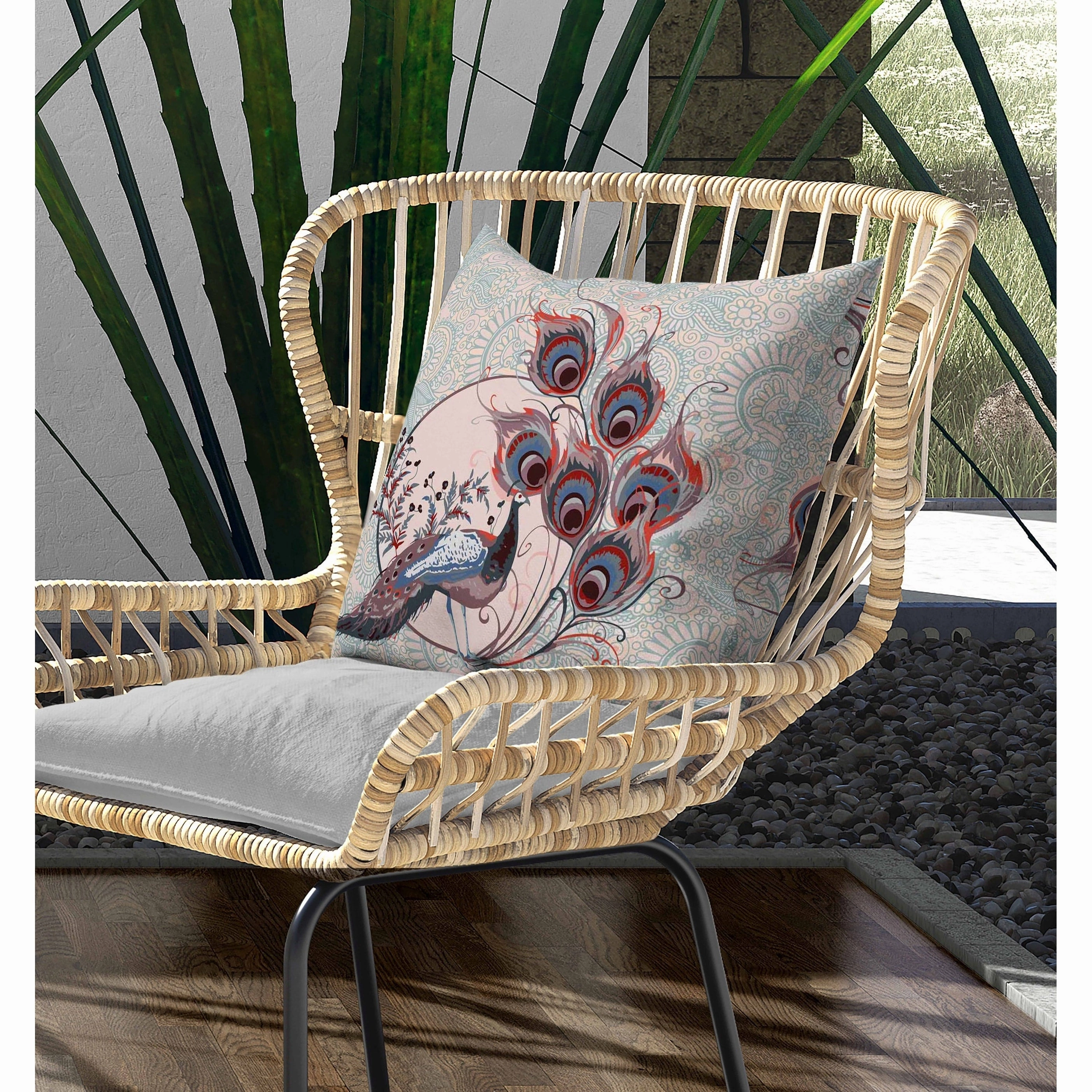 Paisley Peacock Dreams Indoor/Outdoor Reversible Throw Pillow Pink and Opal