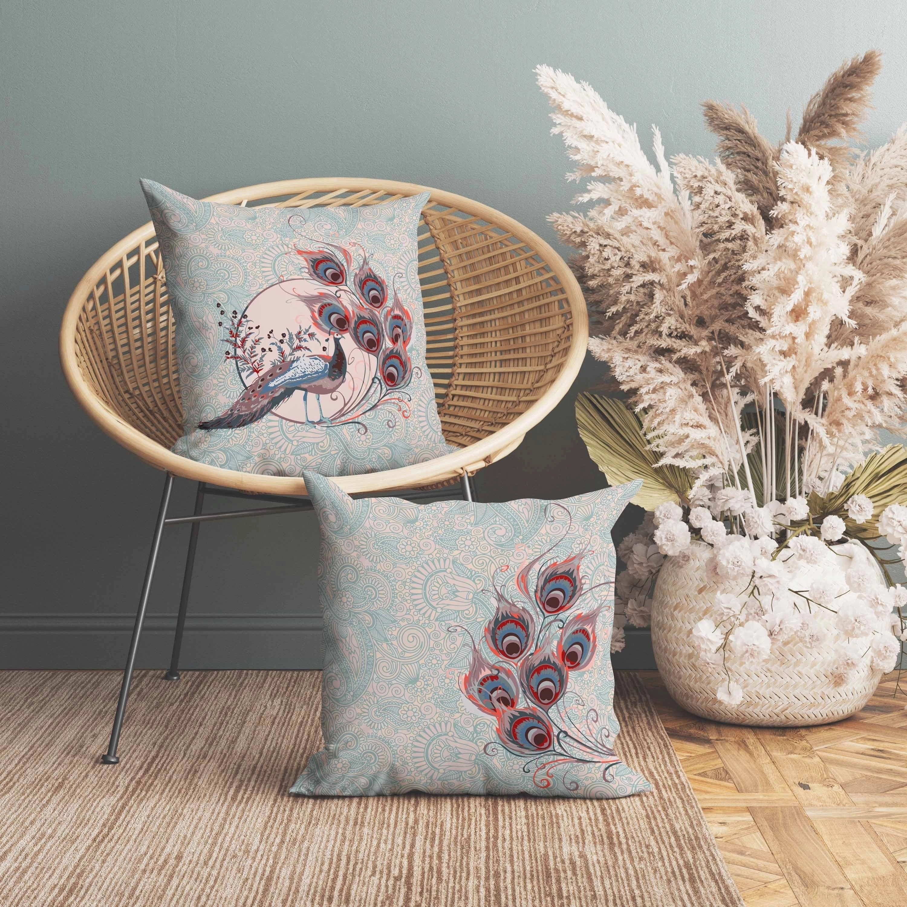 Paisley Peacock Dreams Indoor/Outdoor Reversible Throw Pillow Pink and Opal