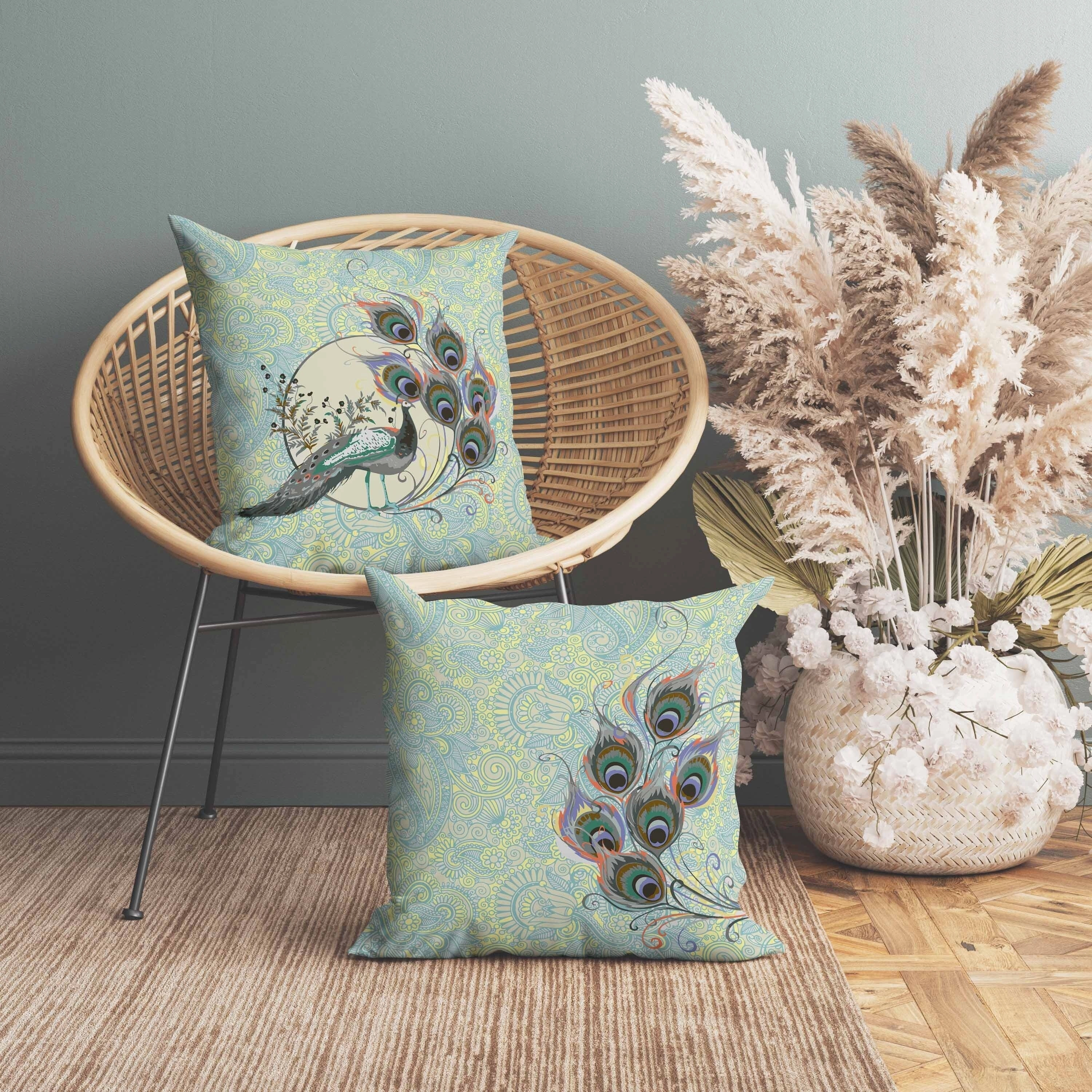 Paisley Peacock Dreams Indoor/Outdoor Reversible Throw Pillow Skyblue and Yellow