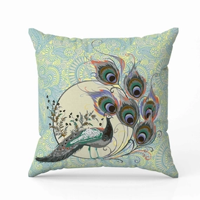Paisley Peacock Dreams Indoor/Outdoor Reversible Throw Pillow Skyblue and Yellow