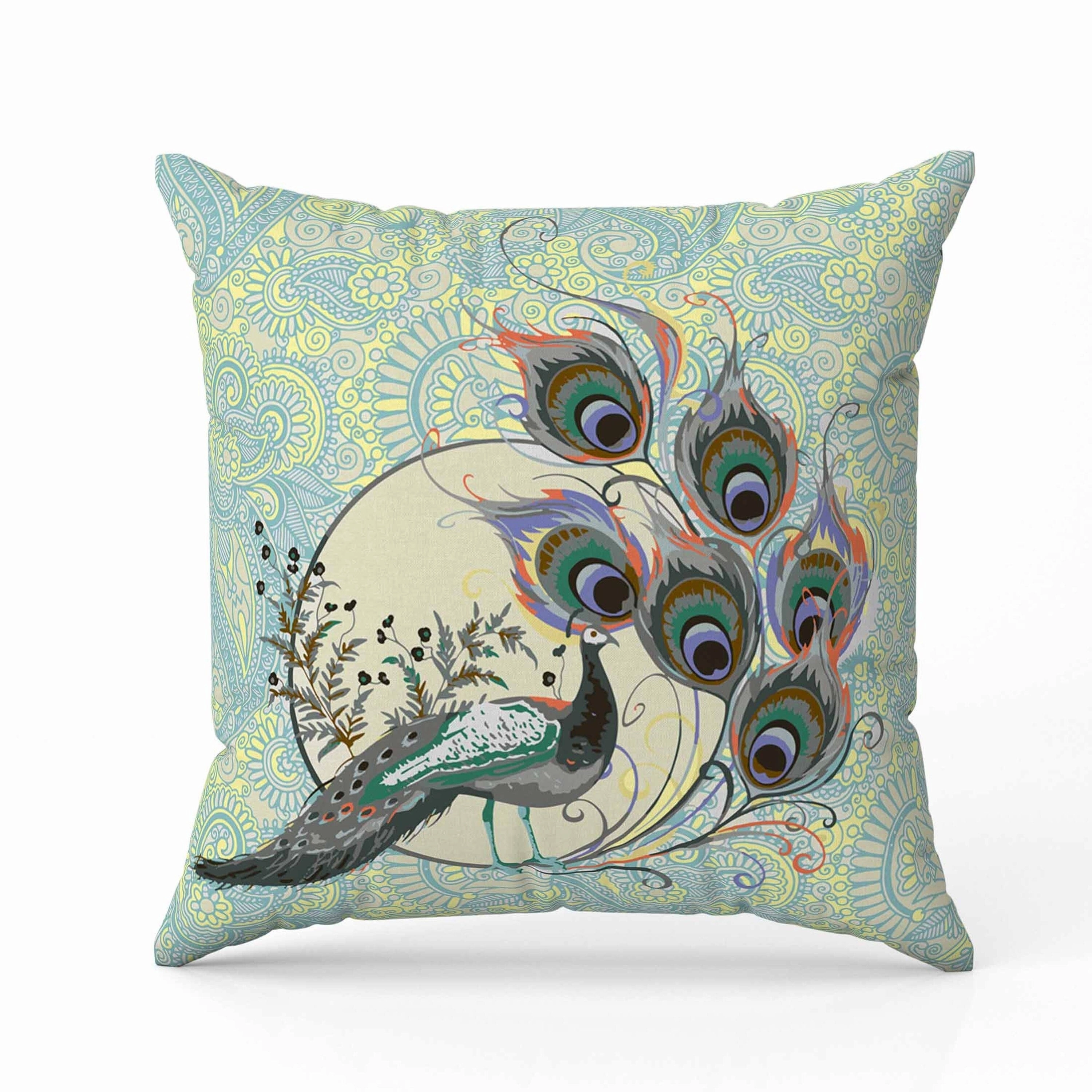 Paisley Peacock Dreams Indoor/Outdoor Reversible Throw Pillow Skyblue and Yellow