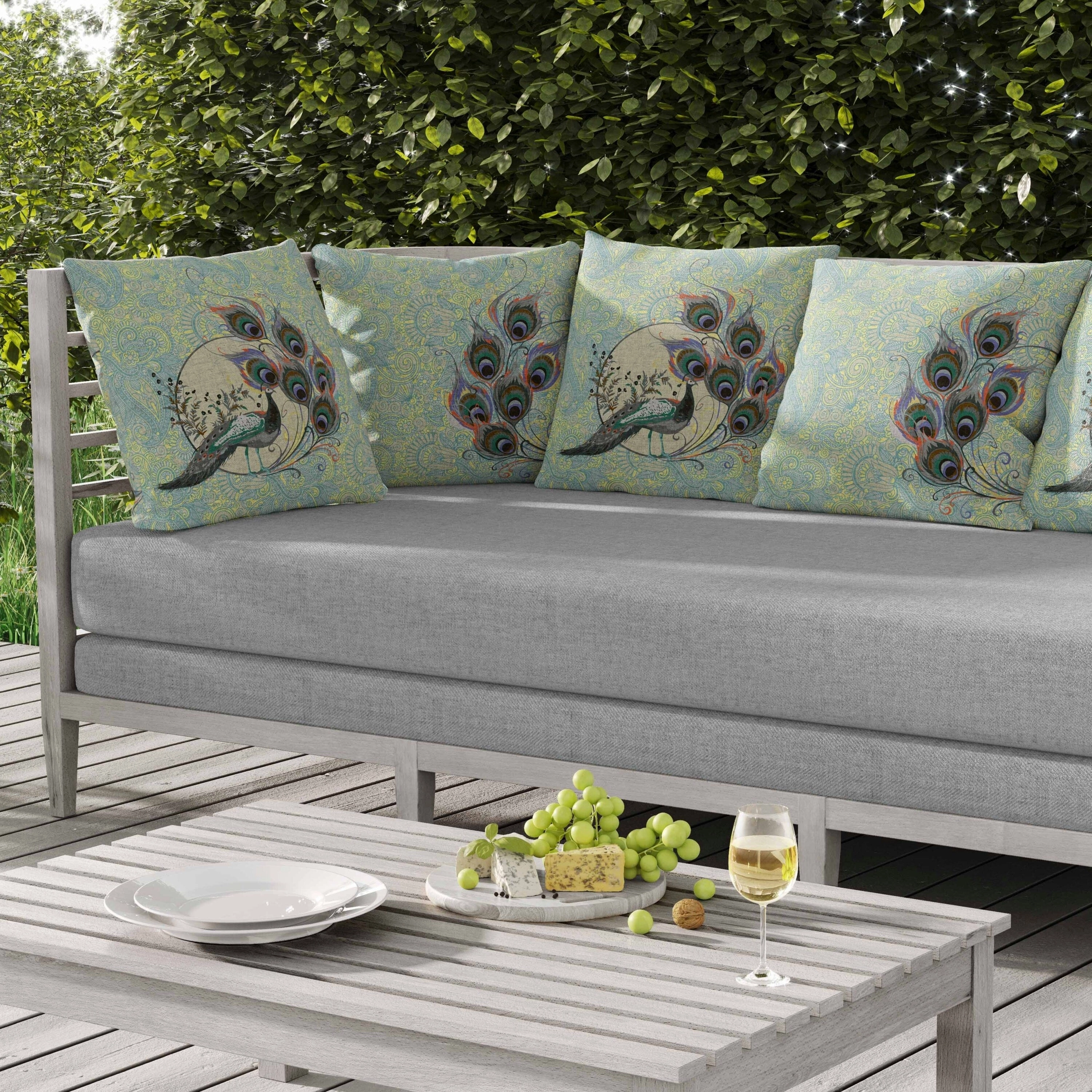 Paisley Peacock Dreams Indoor/Outdoor Reversible Throw Pillow Skyblue and Yellow