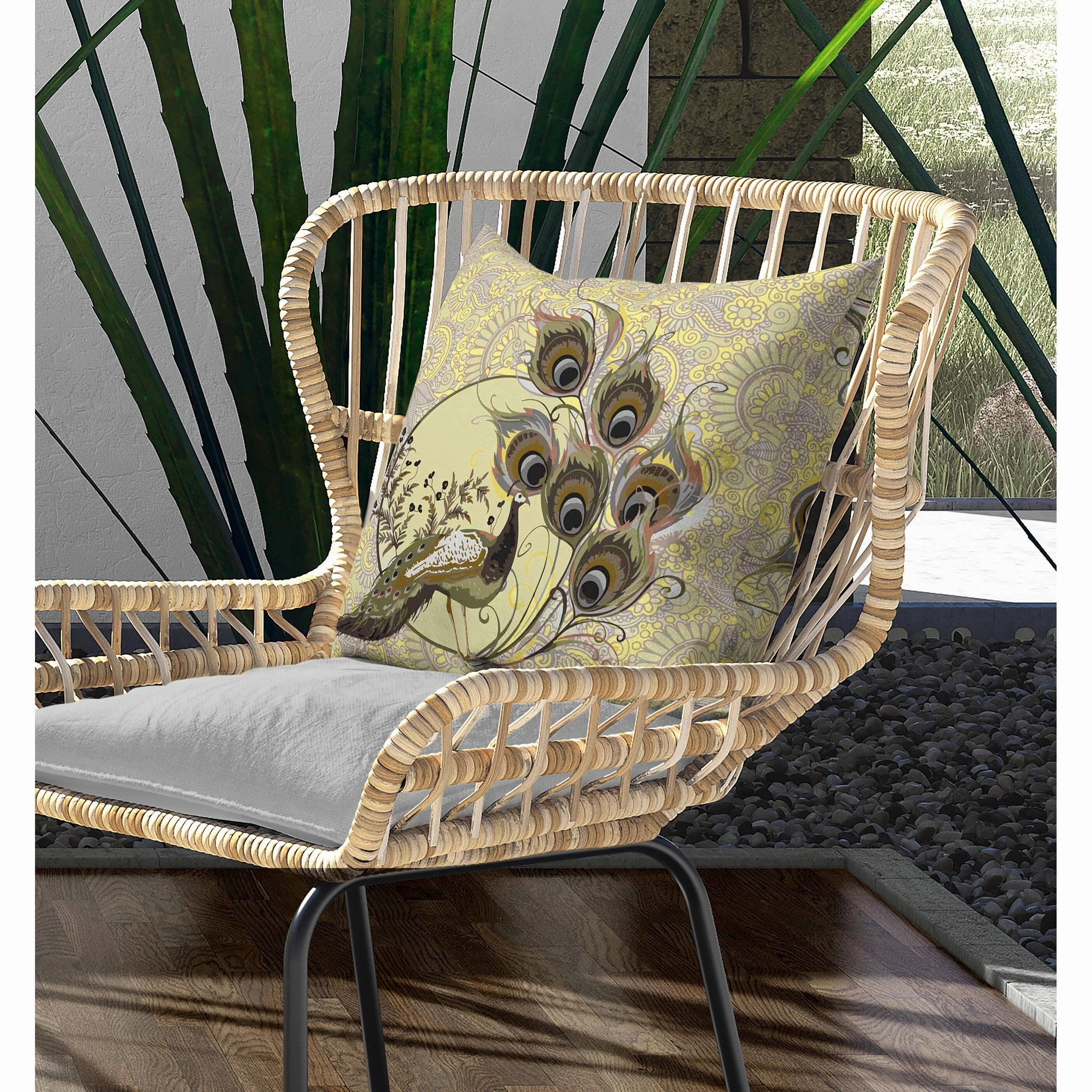 Paisley Peacock Dreams Indoor/Outdoor Reversible Throw Pillow Yellow and Cream