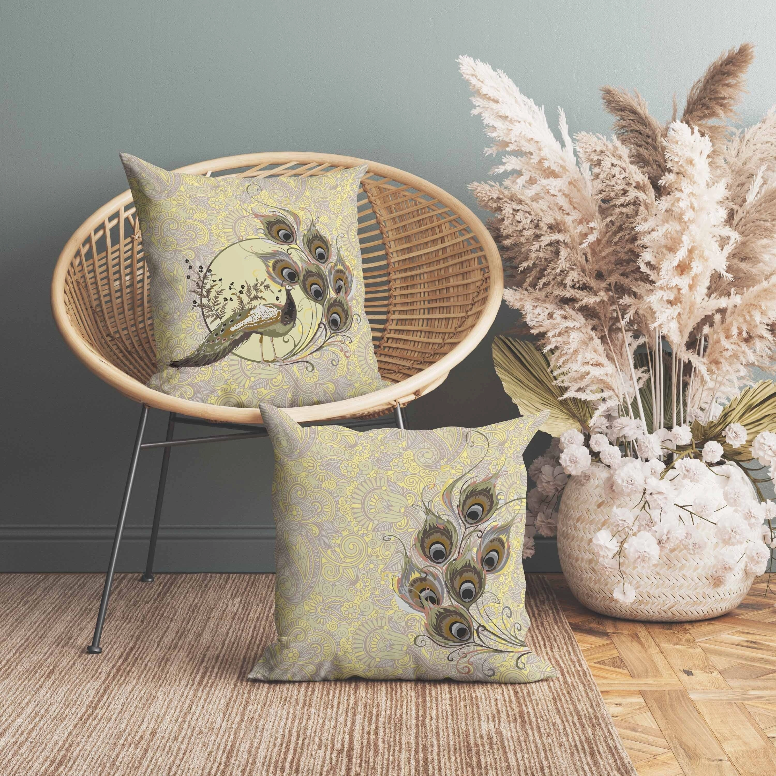 Paisley Peacock Dreams Indoor/Outdoor Reversible Throw Pillow Yellow and Cream